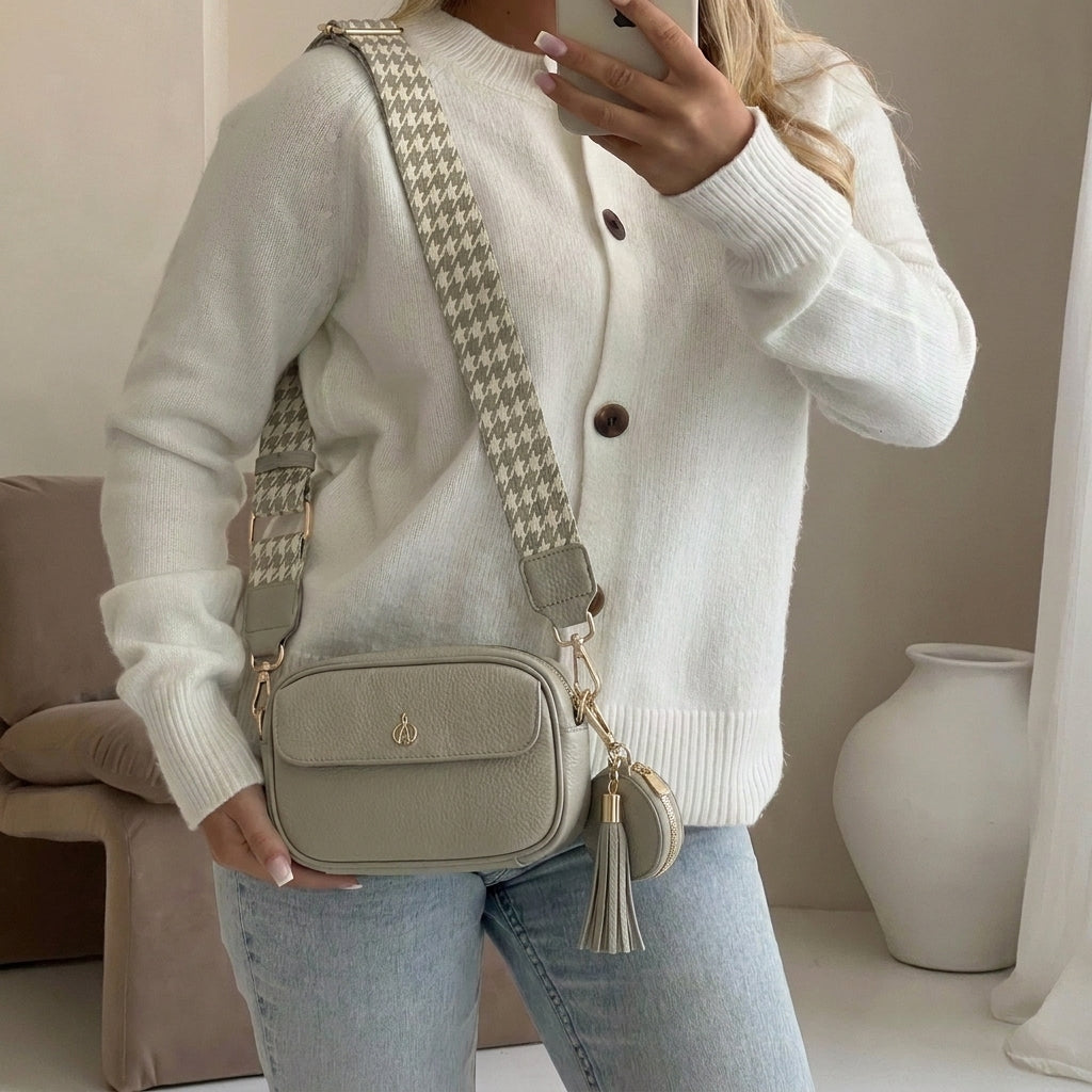 'HACKNEY MINI' Fog Grey Pebble Grain Real Leather Crossbody Bag