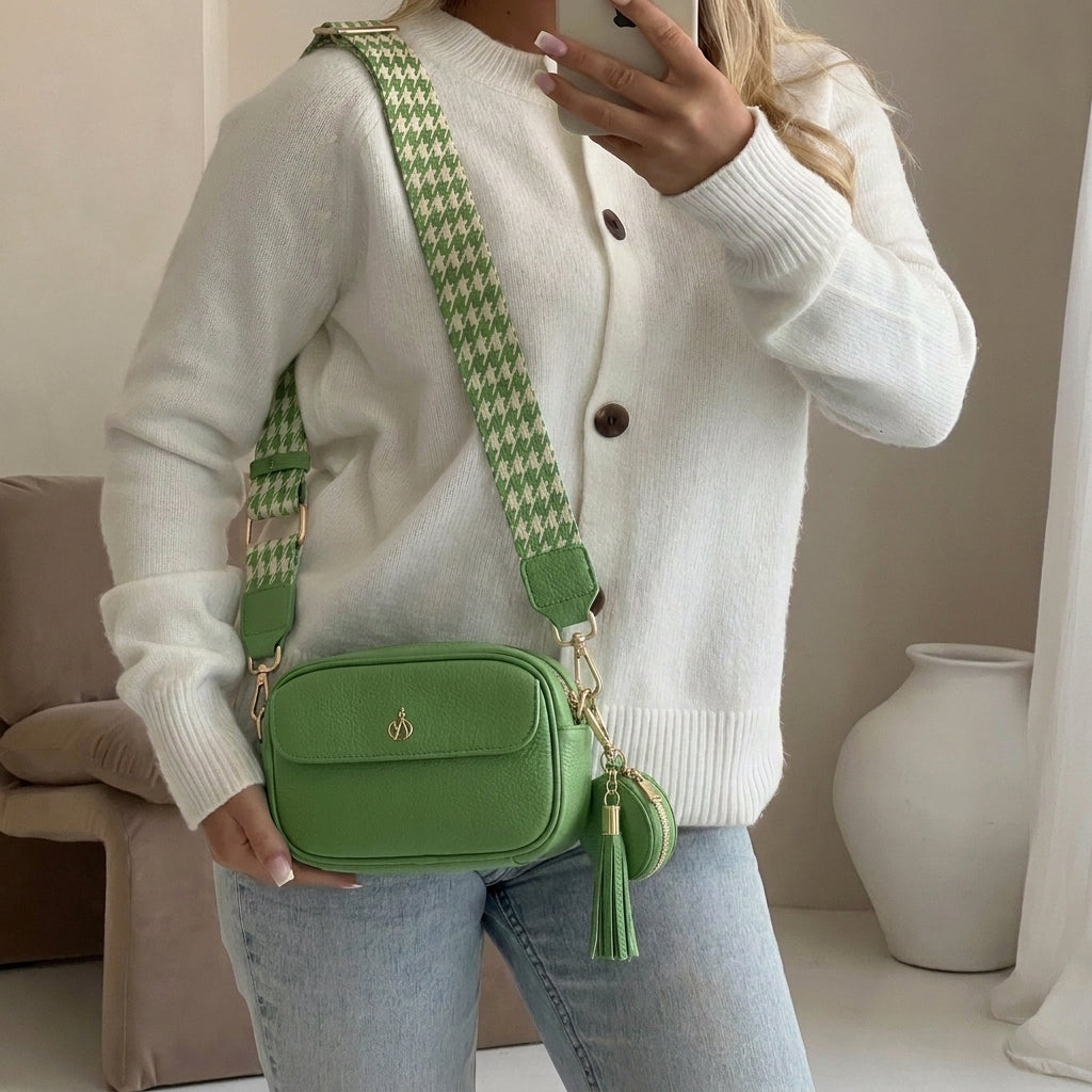 'HACKNEY MINI' Matcha Green Pebble Grain Real Leather Crossbody Bag
