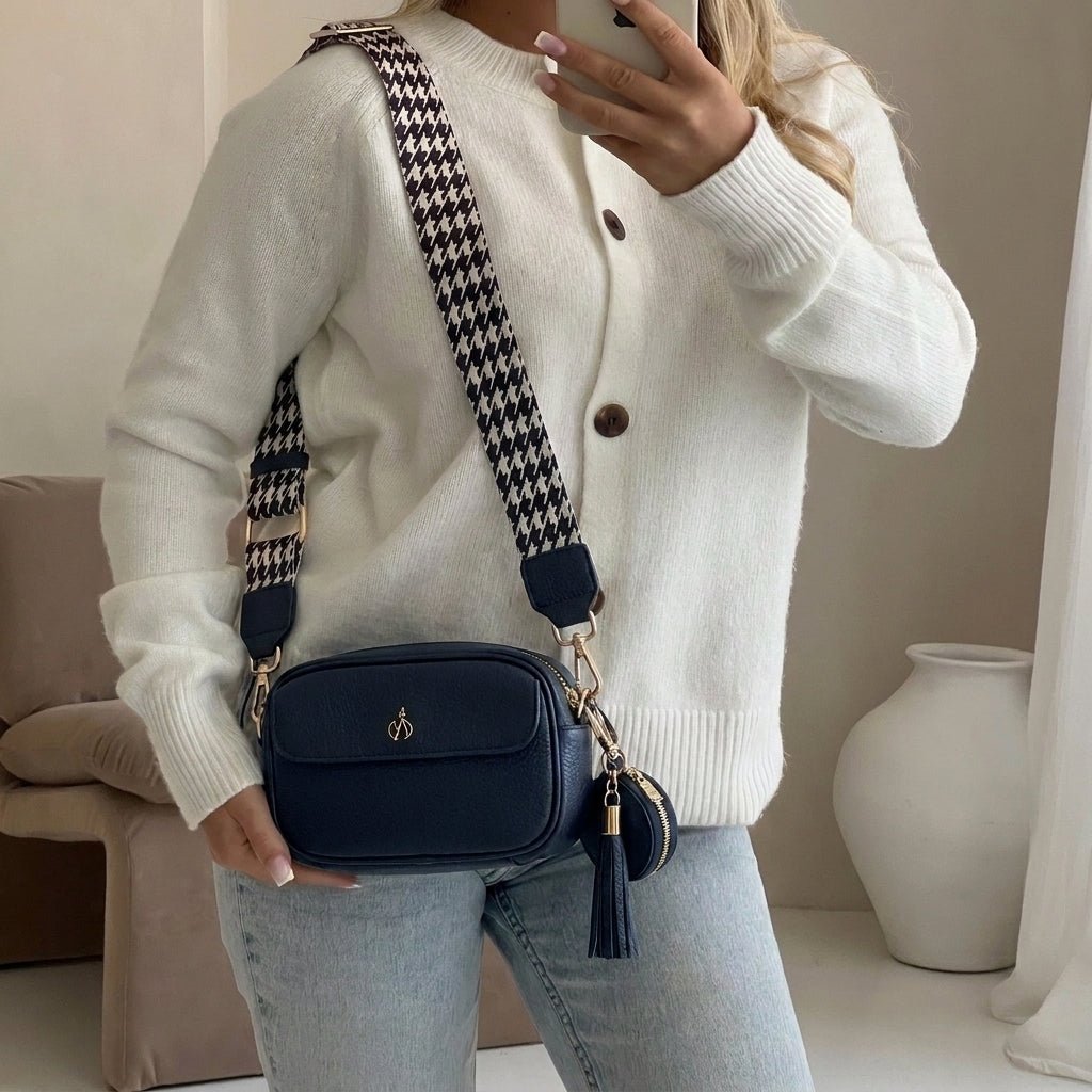 'HACKNEY MINI' Navy Pebble Grain Real Leather Crossbody Bag