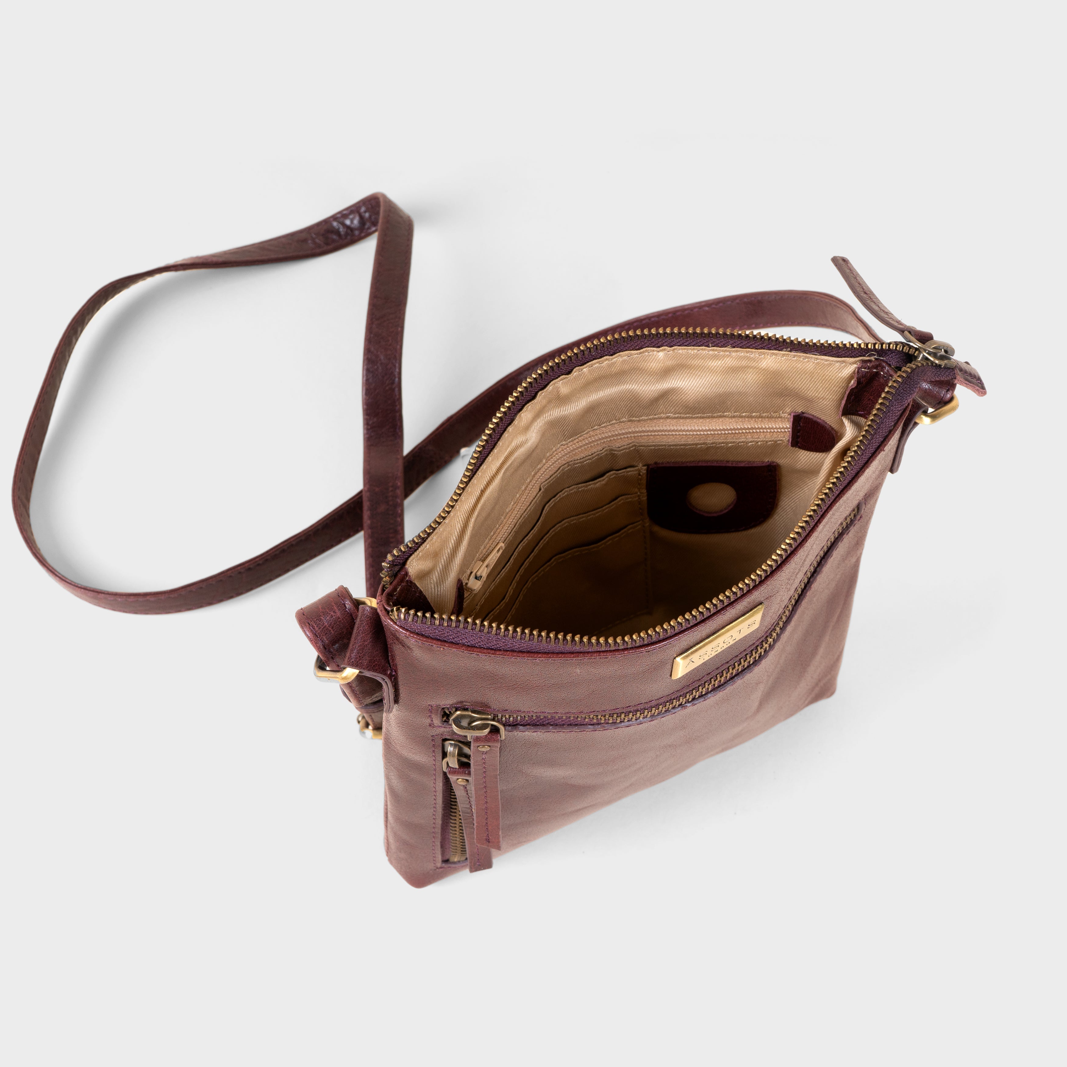 'RUE' Plum Waxy VT Real Leather Crossbody Bag