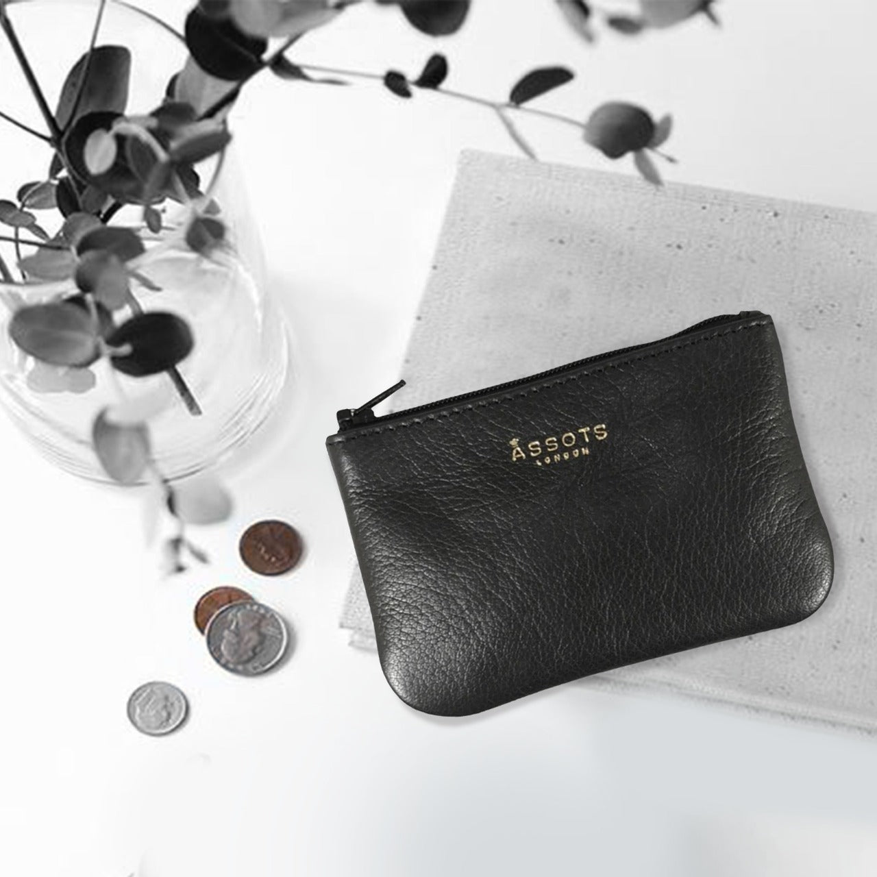'Poppy' Black Full Grain Leather Zip Top Coin Purse