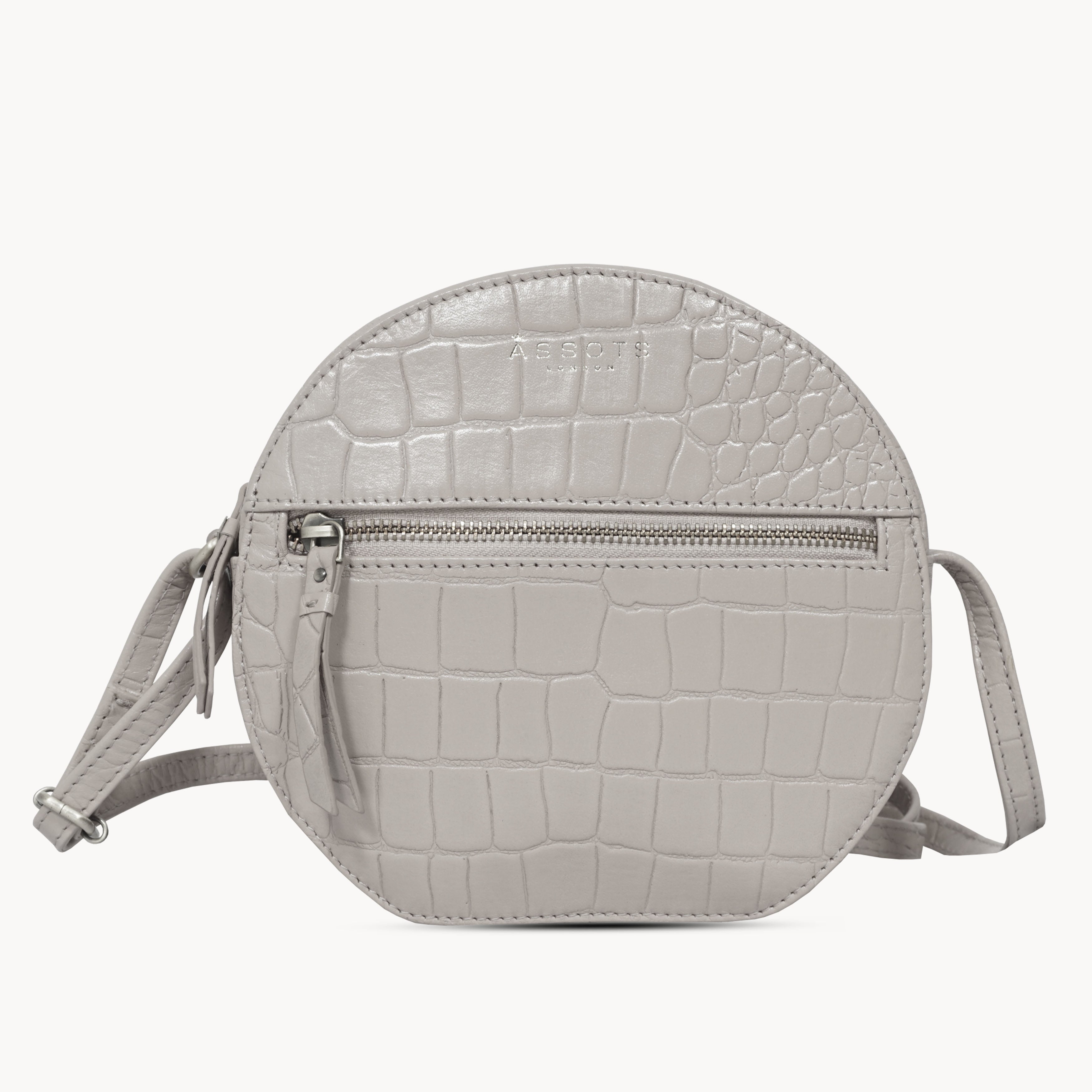 'Jane' Ice Grey Croc Leather Round Designer Crossbody Bag