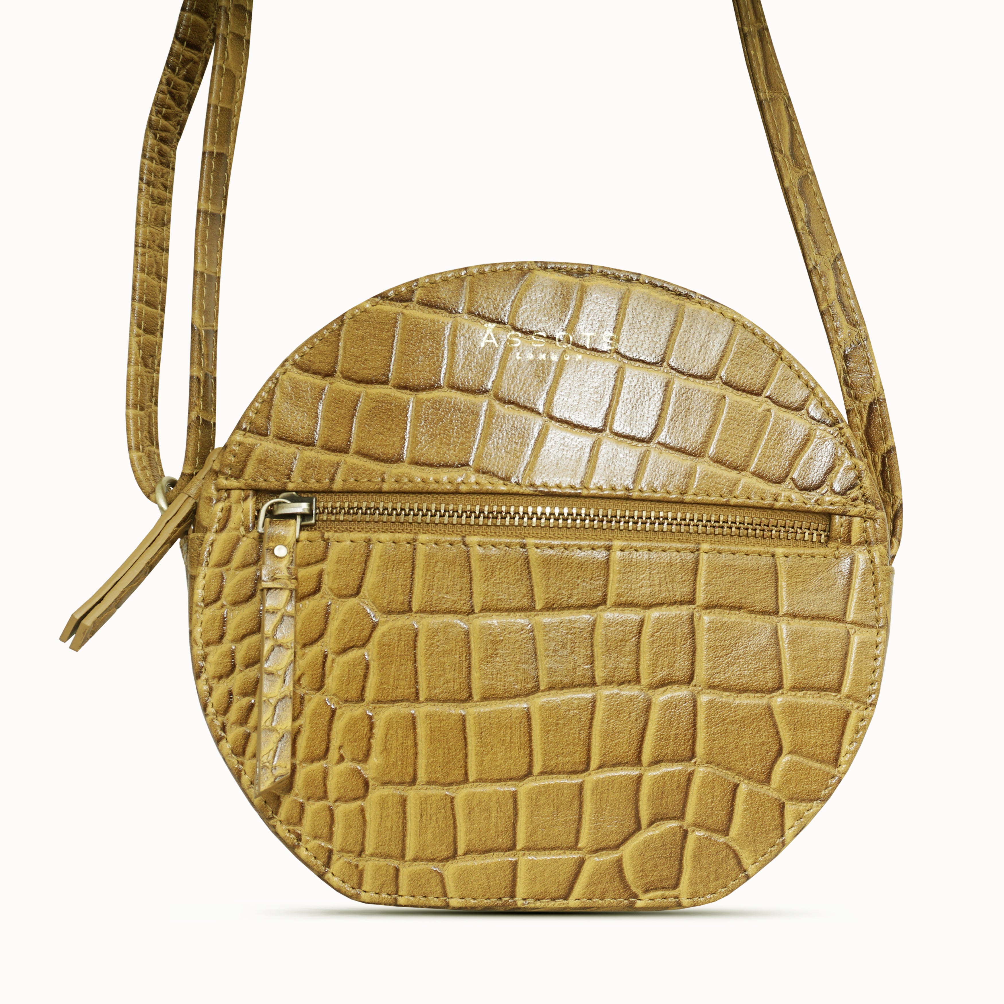 'Jane' Mustard Croc Leather Round Designer Crossbody Bag