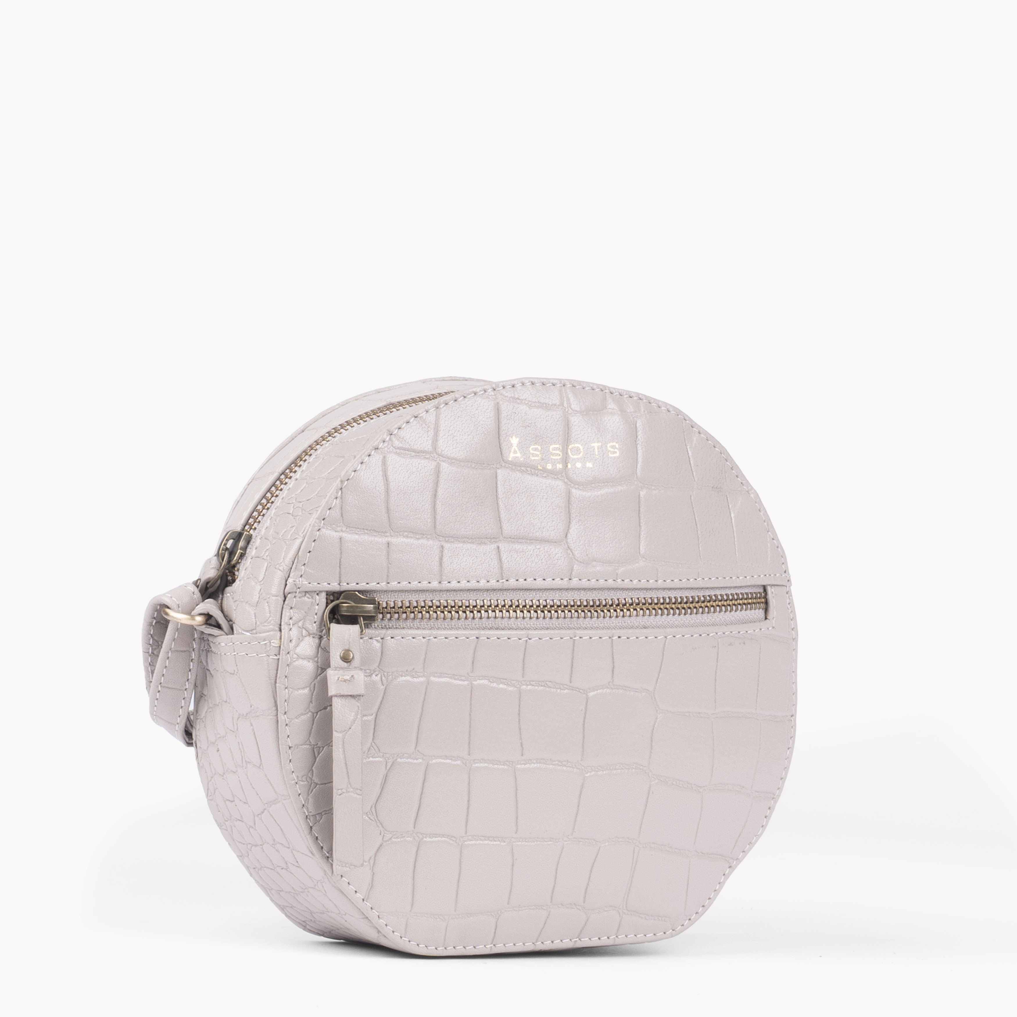 'Jane' Ice Grey Croc Leather Round Designer Crossbody Bag
