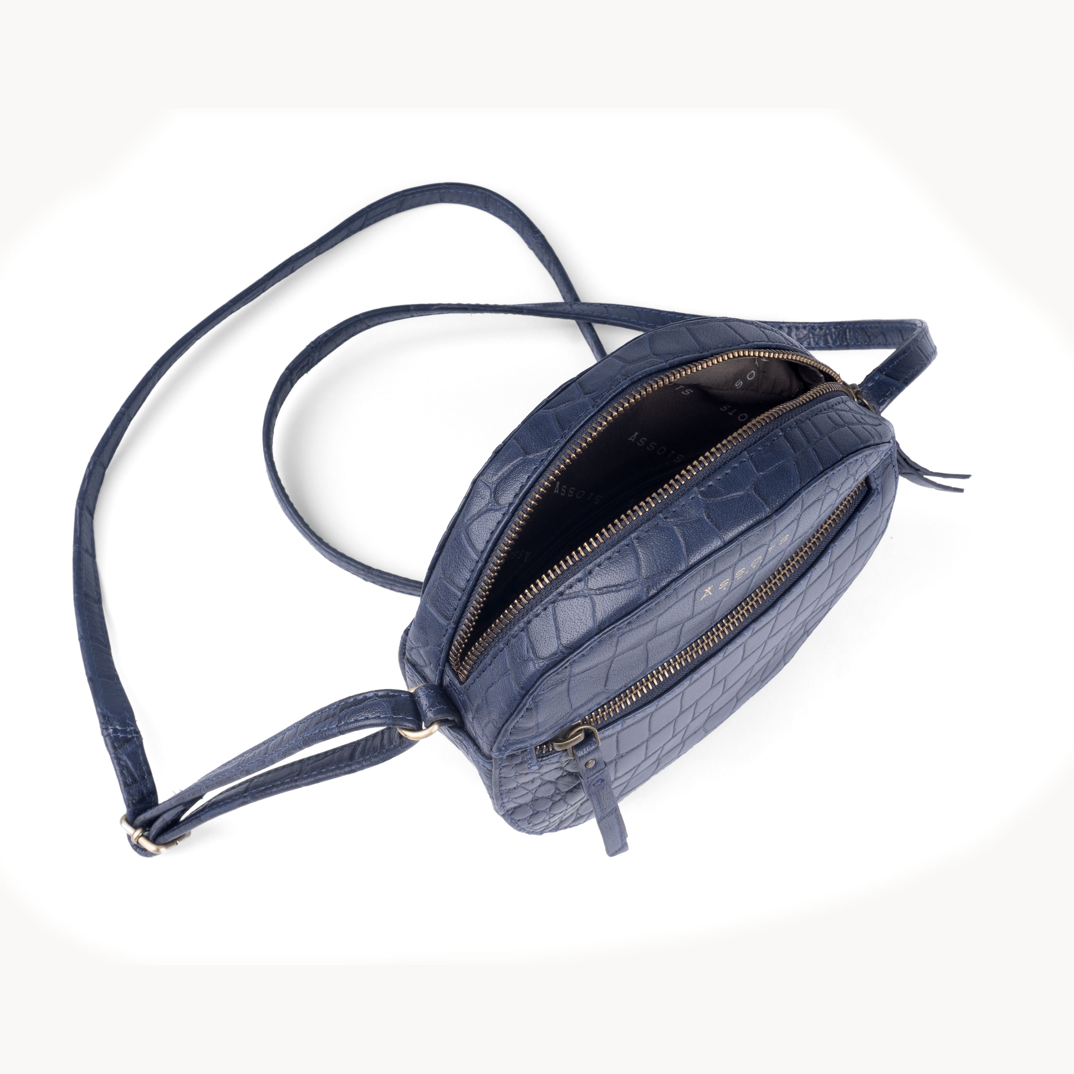 'Jane' Navy Croc Leather Round Designer Crossbody Bag