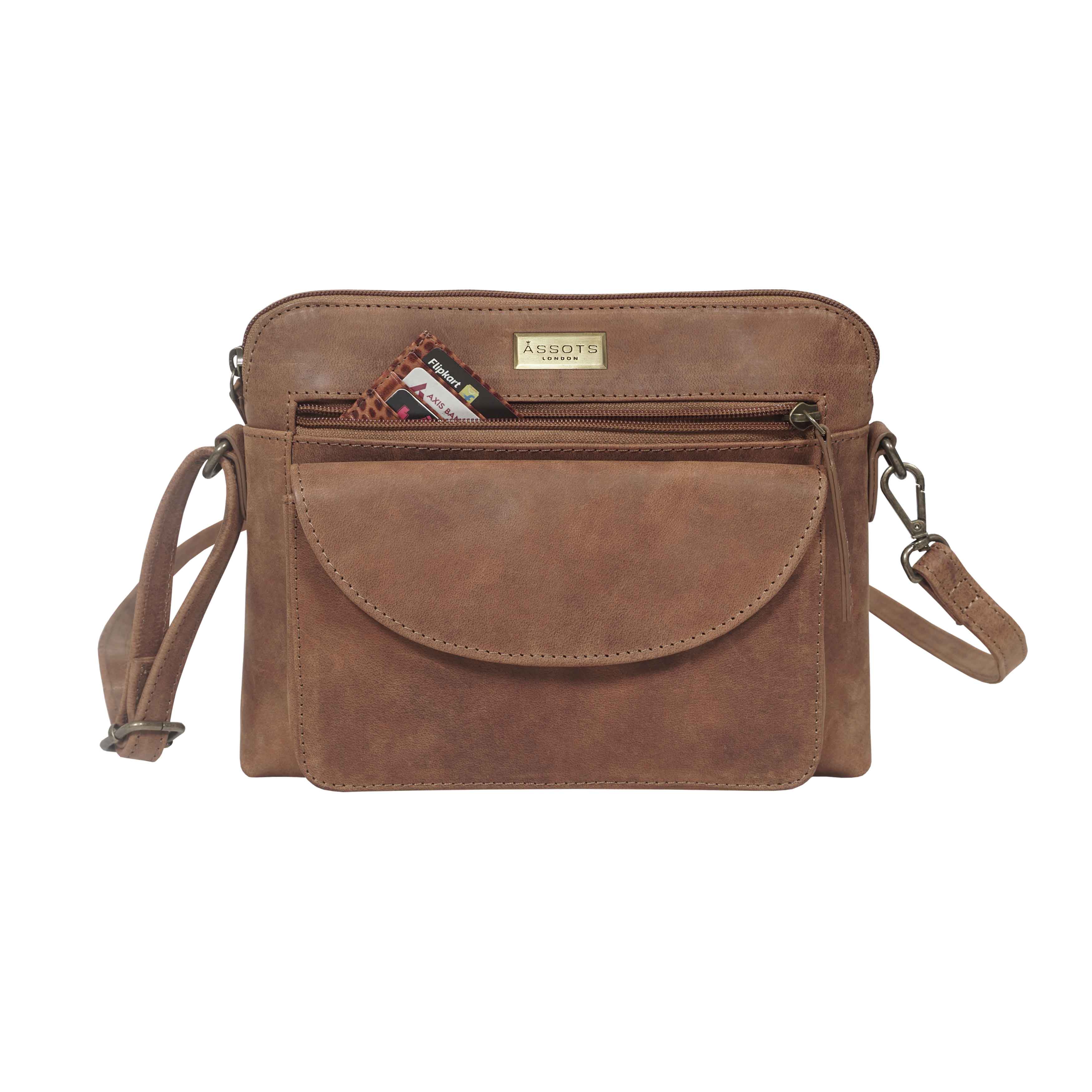 JEAN' Tan Distressed Real Leather Crossbody Bag