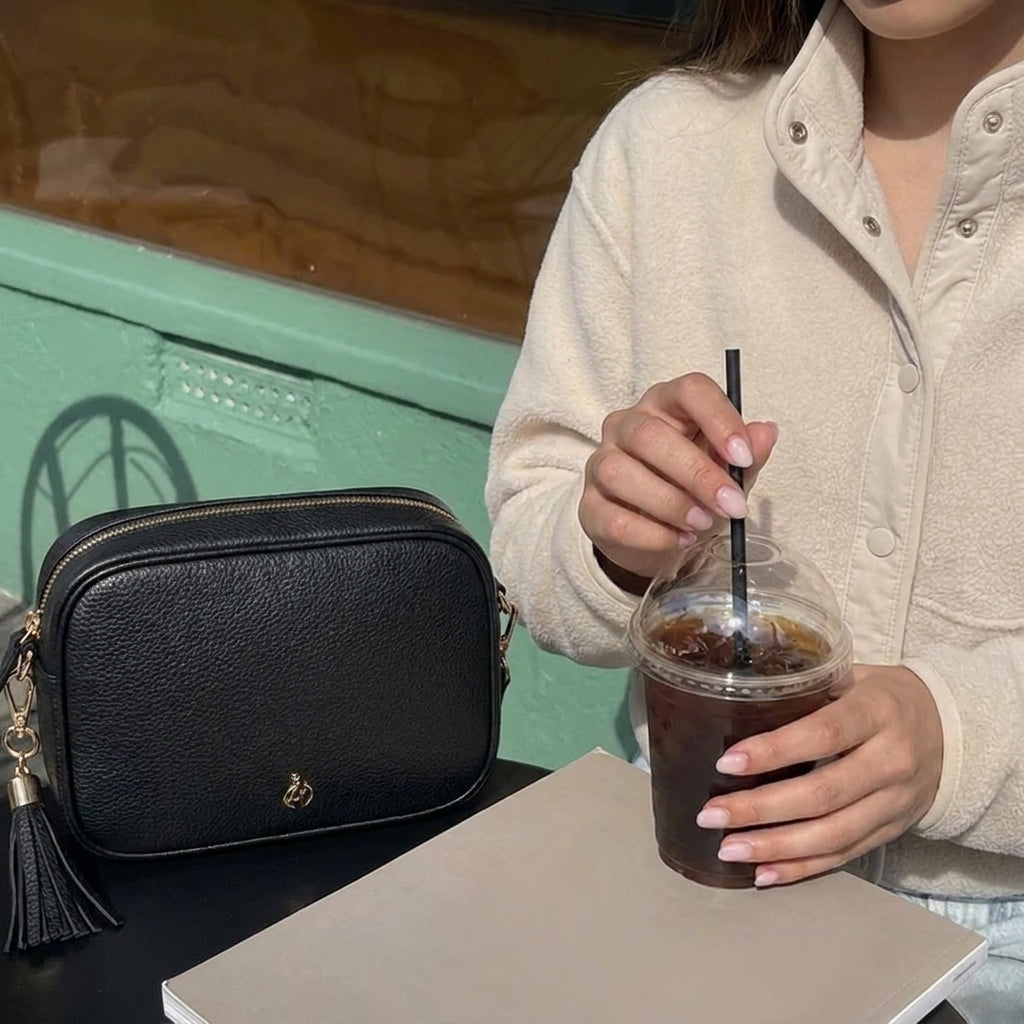 'KENT' Black Pebble Grain Real Leather Crossbody Bag