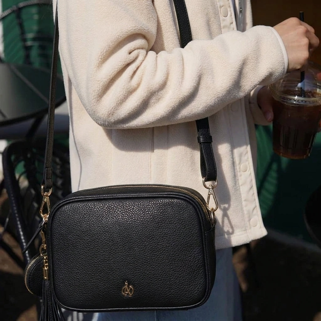 'KENT' Black Pebble Grain Real Leather Crossbody Bag