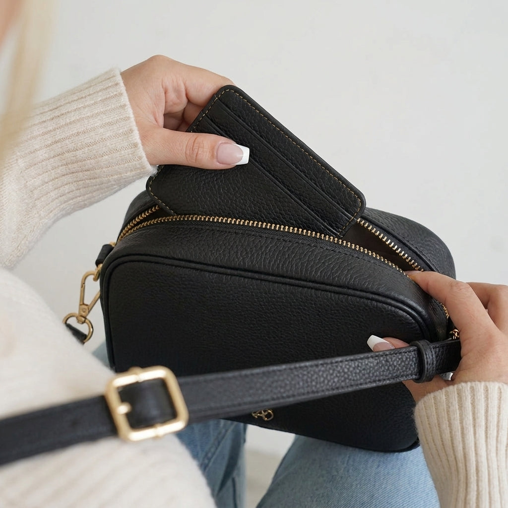 'KENT' Black Pebble Grain Real Leather Crossbody Bag