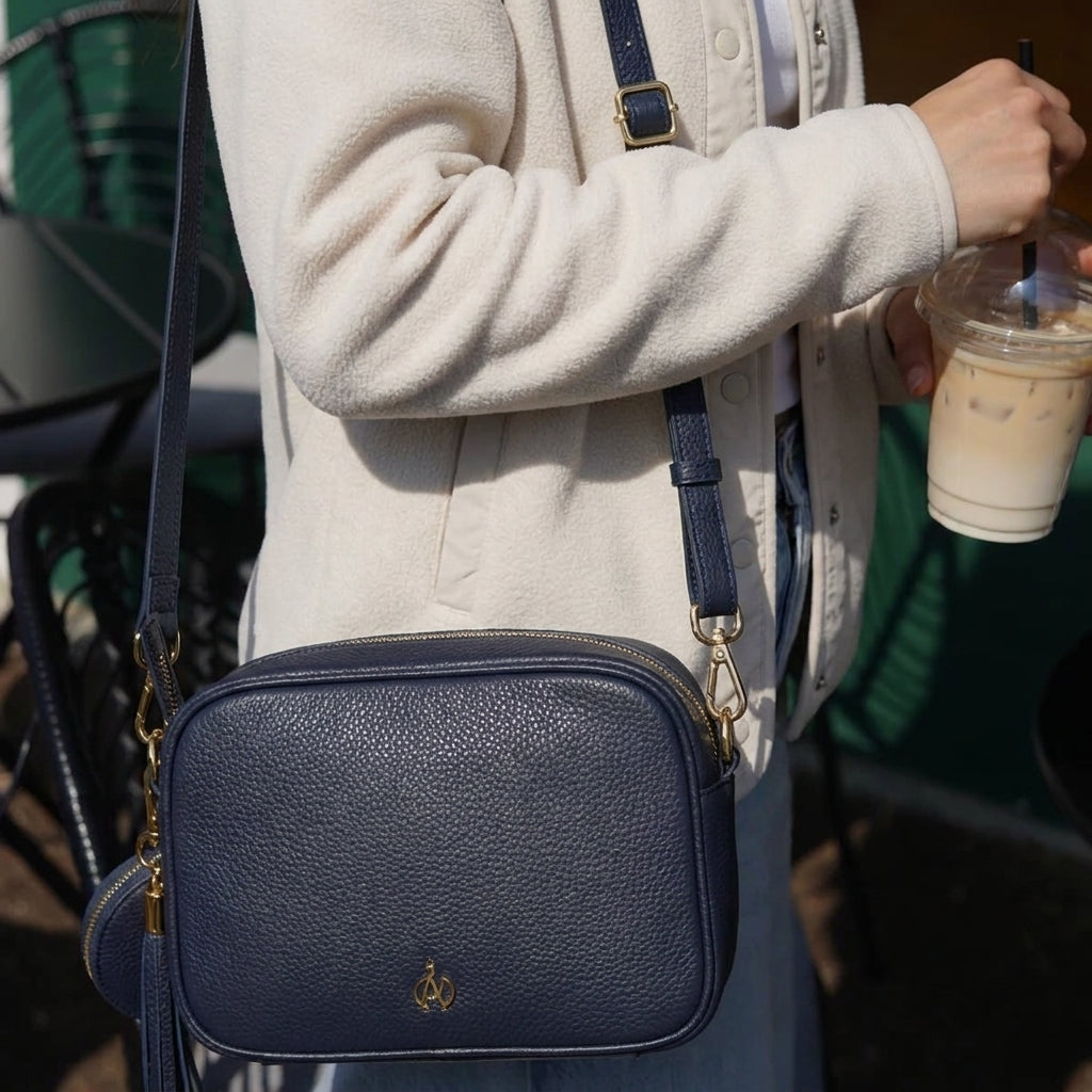 'KENT' Navy Pebble Grain Real Leather Crossbody Bag