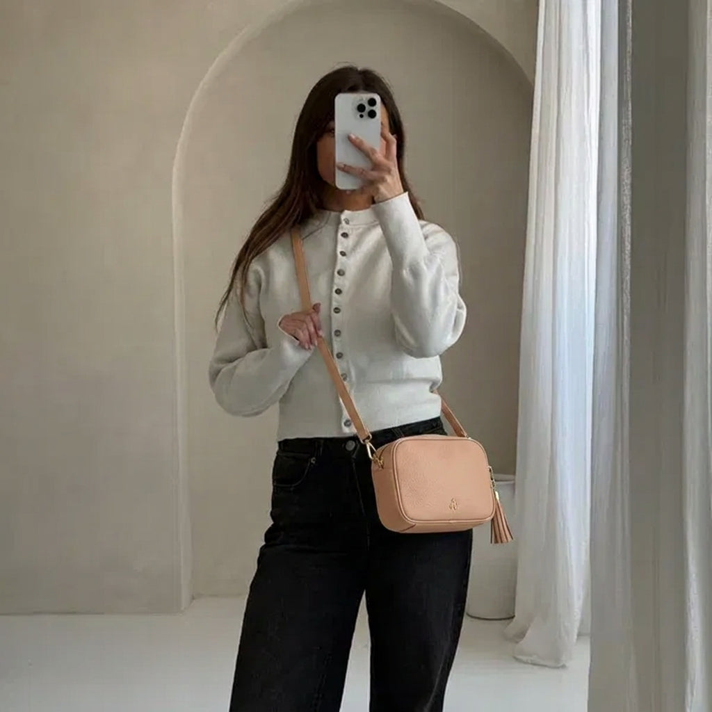 'KENT' Peach Pebble Grain Real Leather Crossbody Bag