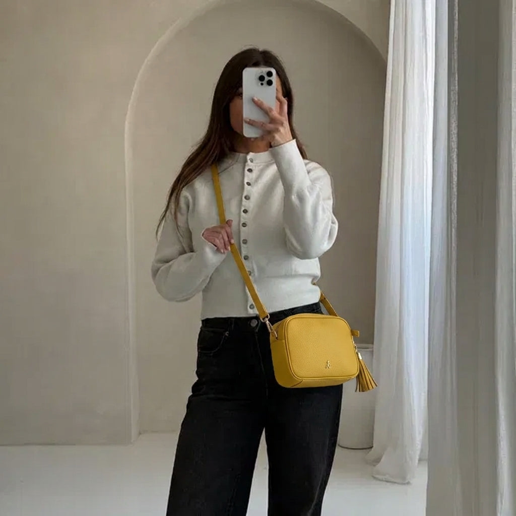 'KENT' Sunflower Pebble Grain Real Leather Crossbody Bag