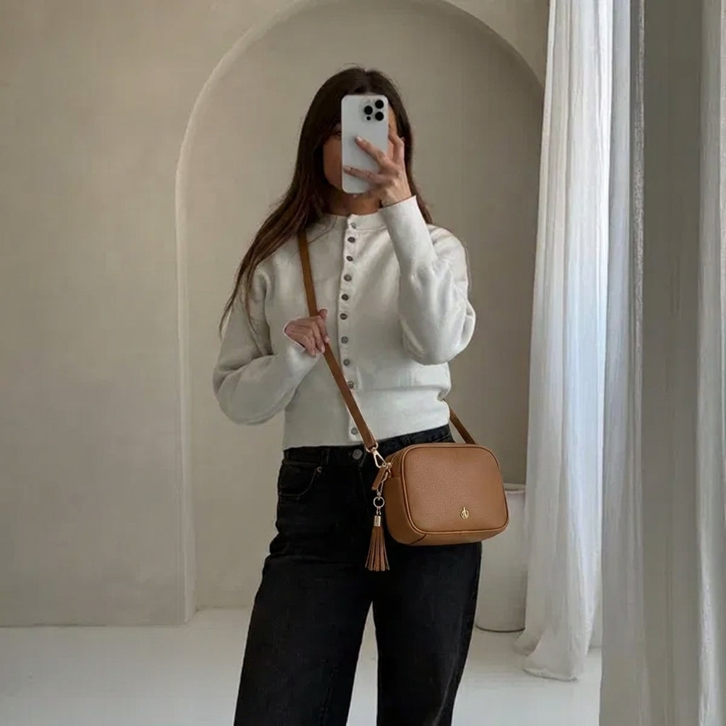 'KENT' Tan Pebble Grain Real Leather Crossbody Bag