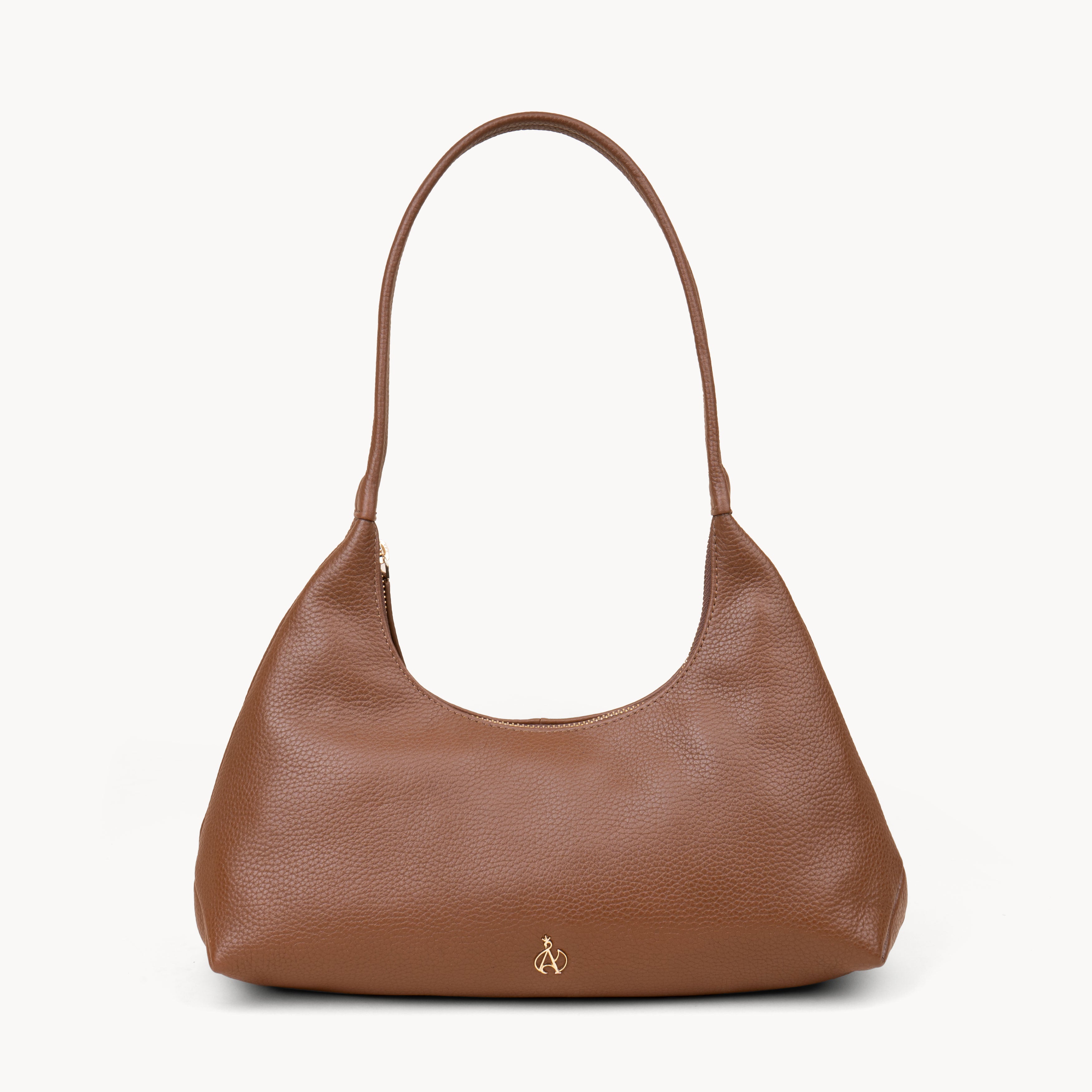 'LARA' Tan Pebble Grain Real Leather Shoulder Bag