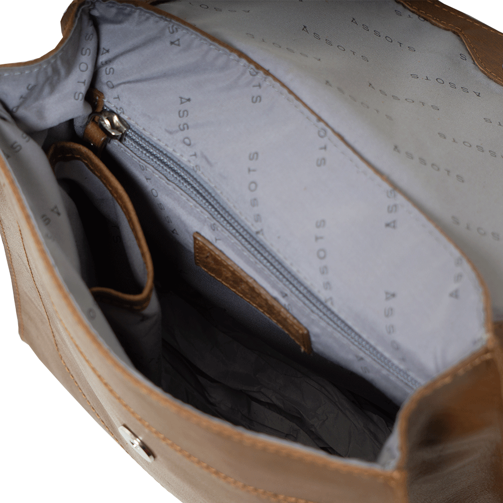 'MARGARET' Tan Natural Grain Polished Leather Flap Over Backpack