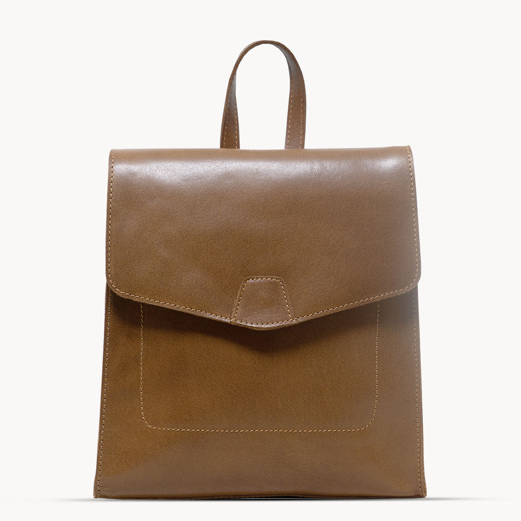 'MARGARET' Tan Natural Grain Polished Leather Flap Over Backpack