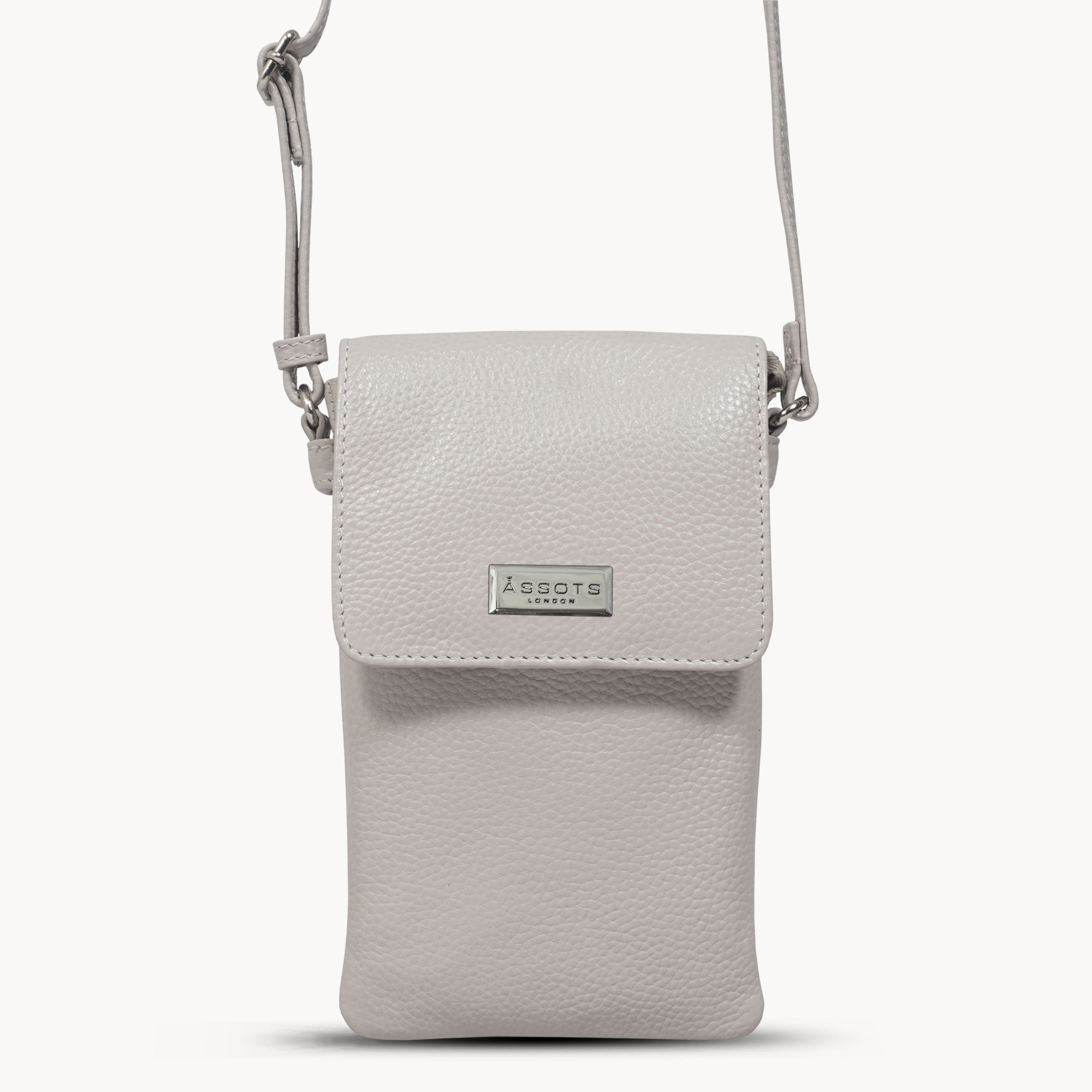 'MARIA' Nudish Ice Grey Pebble Grain Real Leather Crossbody Phone Bag
