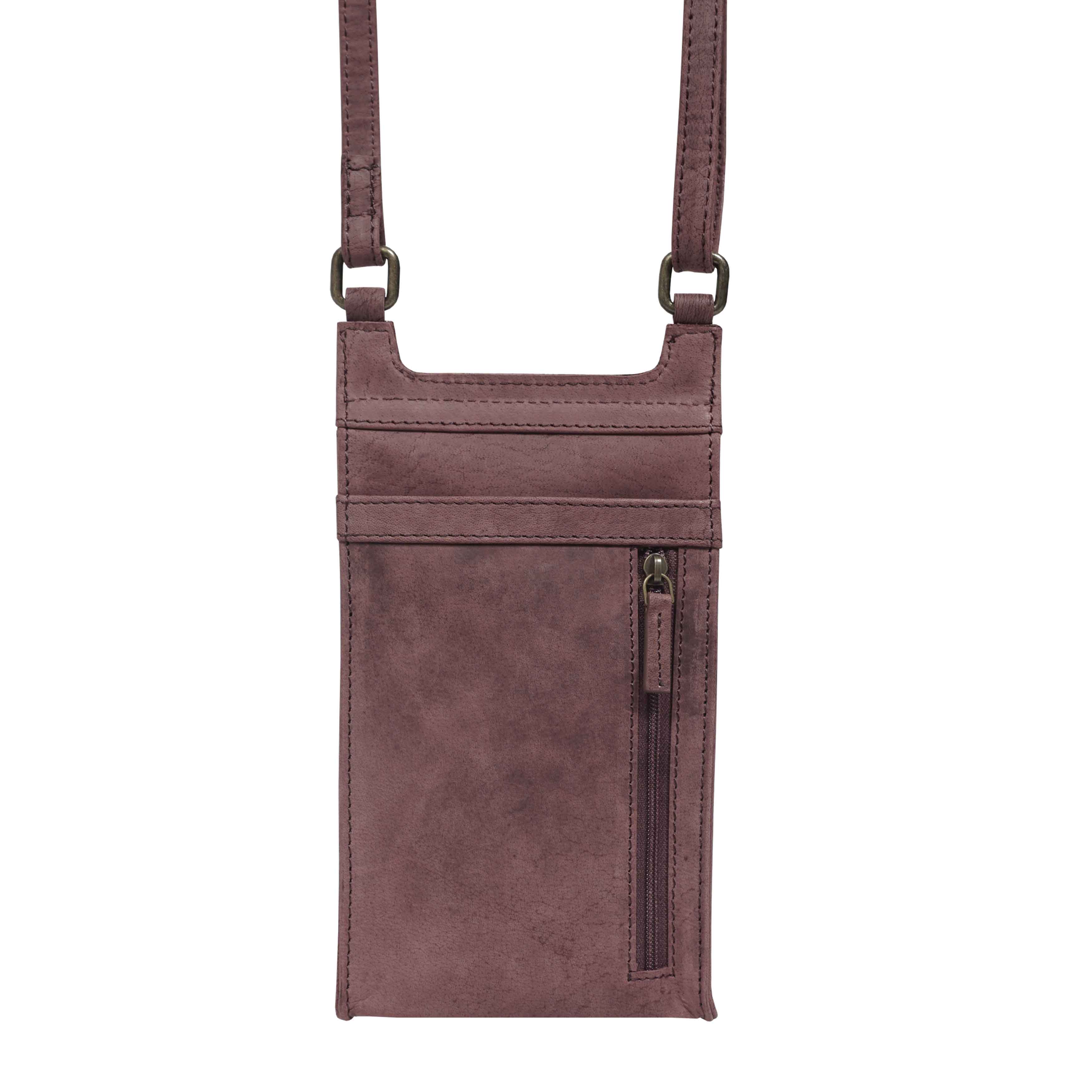 'MYLA' Plum Distressed Real Leather Mobile Phone Crossbody Bag