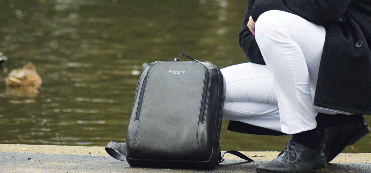 'BAKER' Black Full Grain Leather Double Zip Laptop Backpack