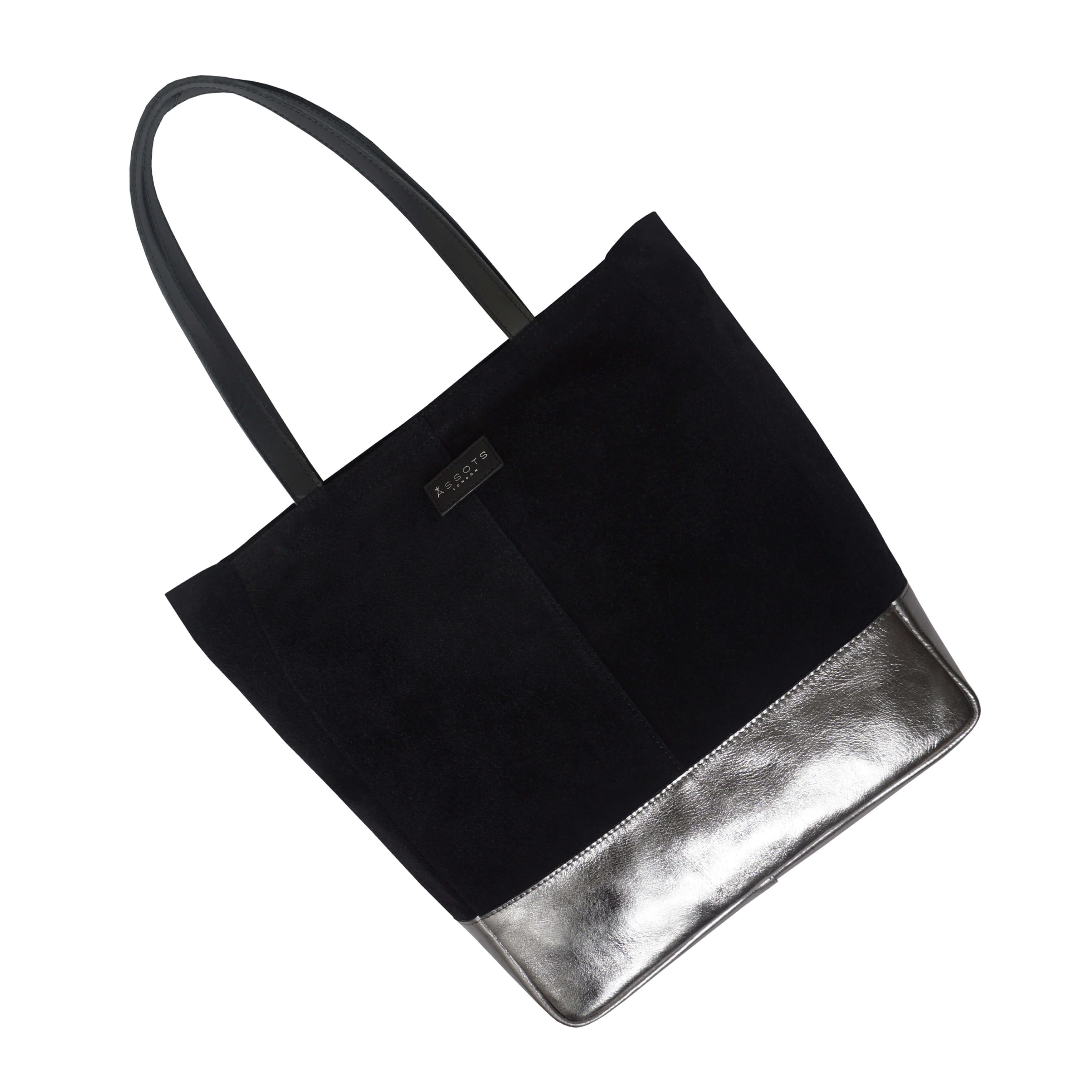'PAIGE' Black Real Leather + Pewter Metallic Leather Tote Bag
