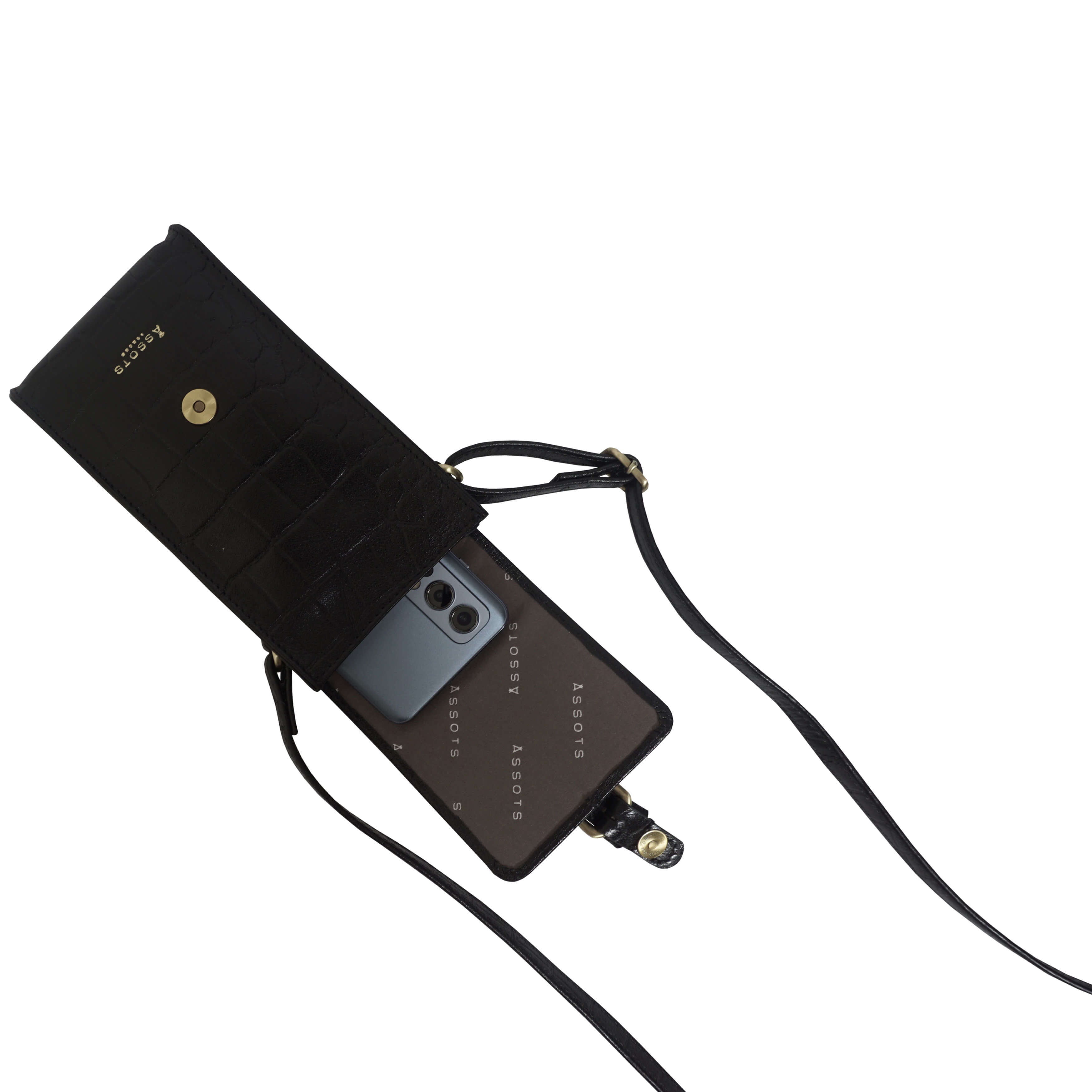 'PETRA' Black Croc Real Leather Mobile Phone Crossbody Bag