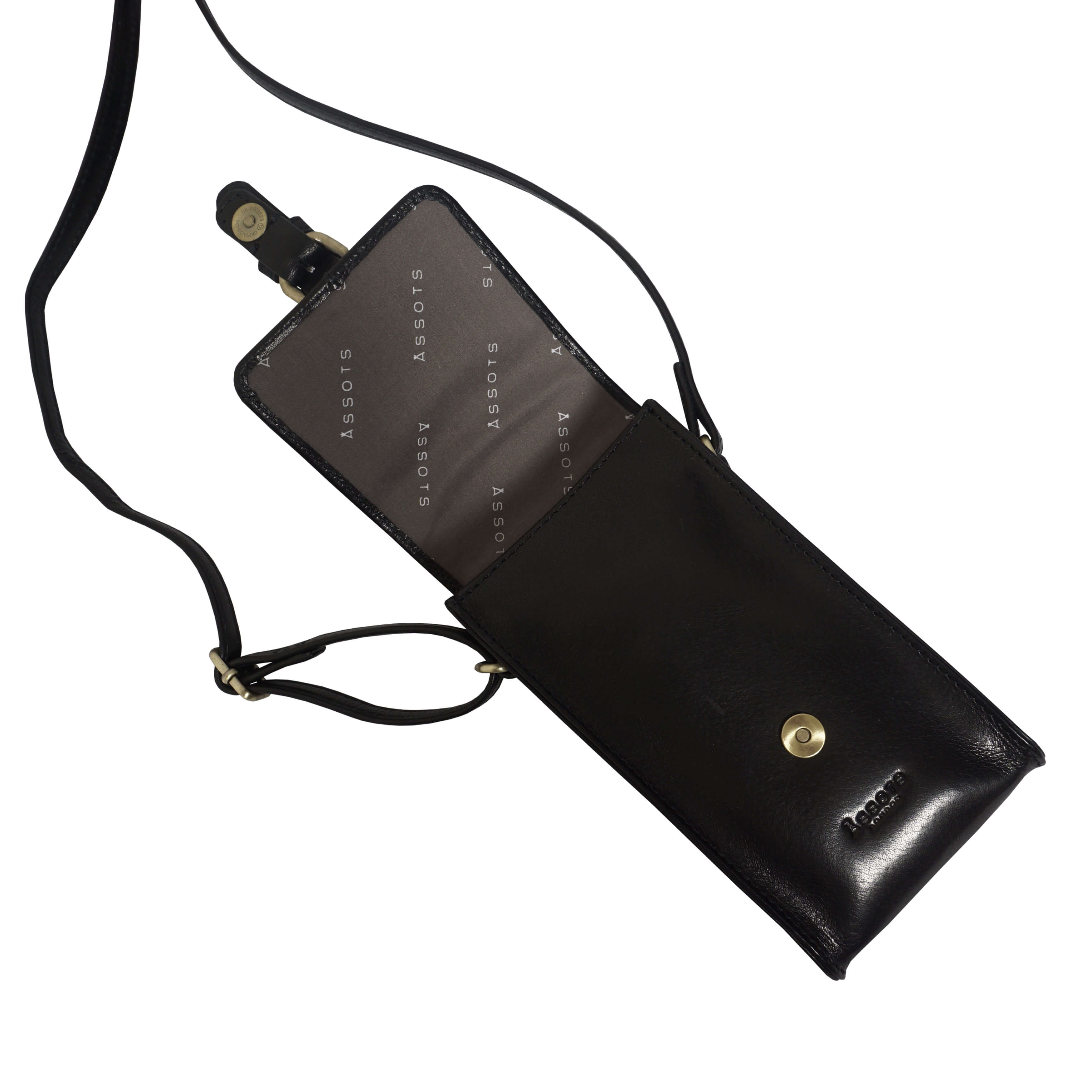'PETRA' Black Polished VT Real Leather Mobile Phone Crossbody Bag
