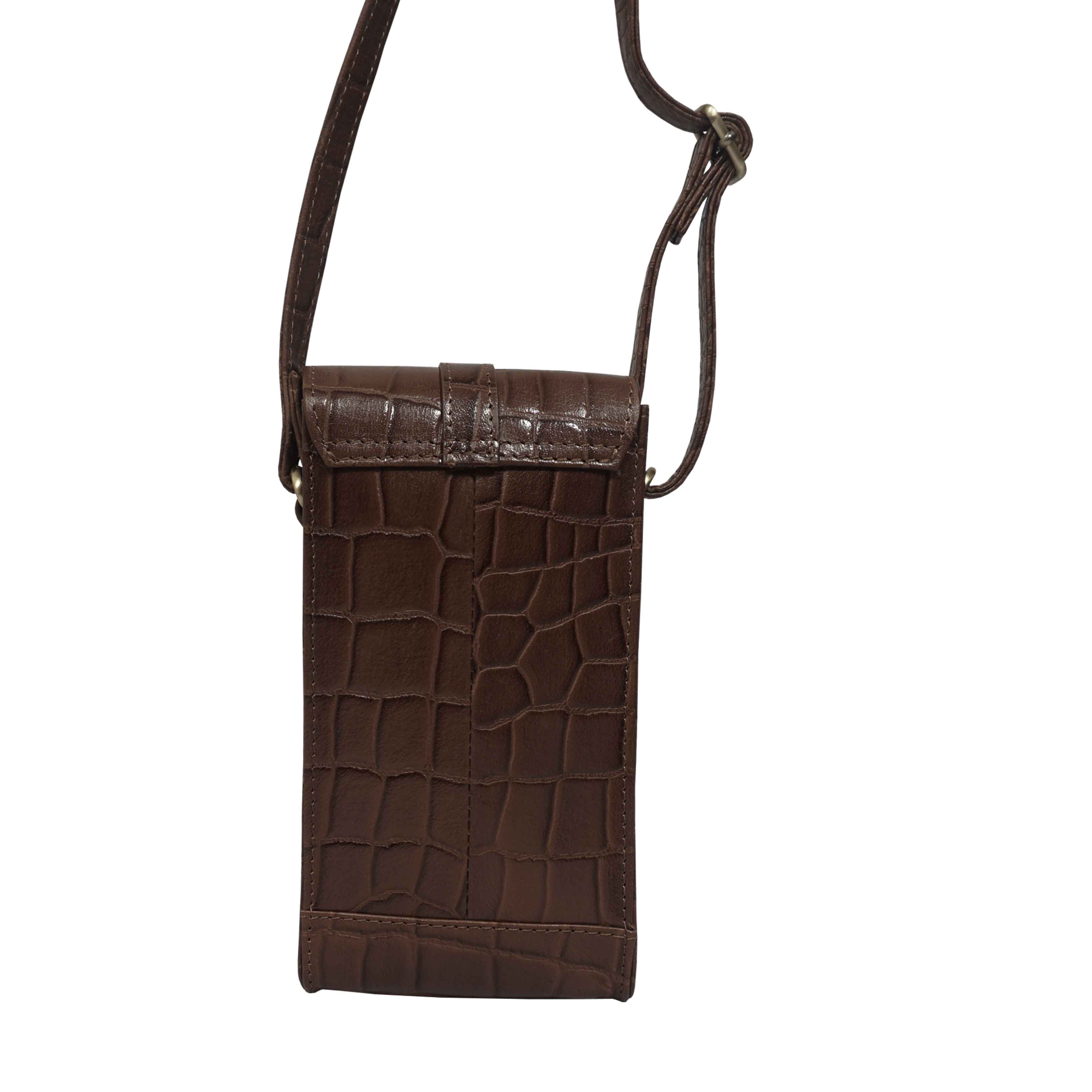 'PETRA' Brown Croc Real Leather Mobile Phone Crossbody Bag