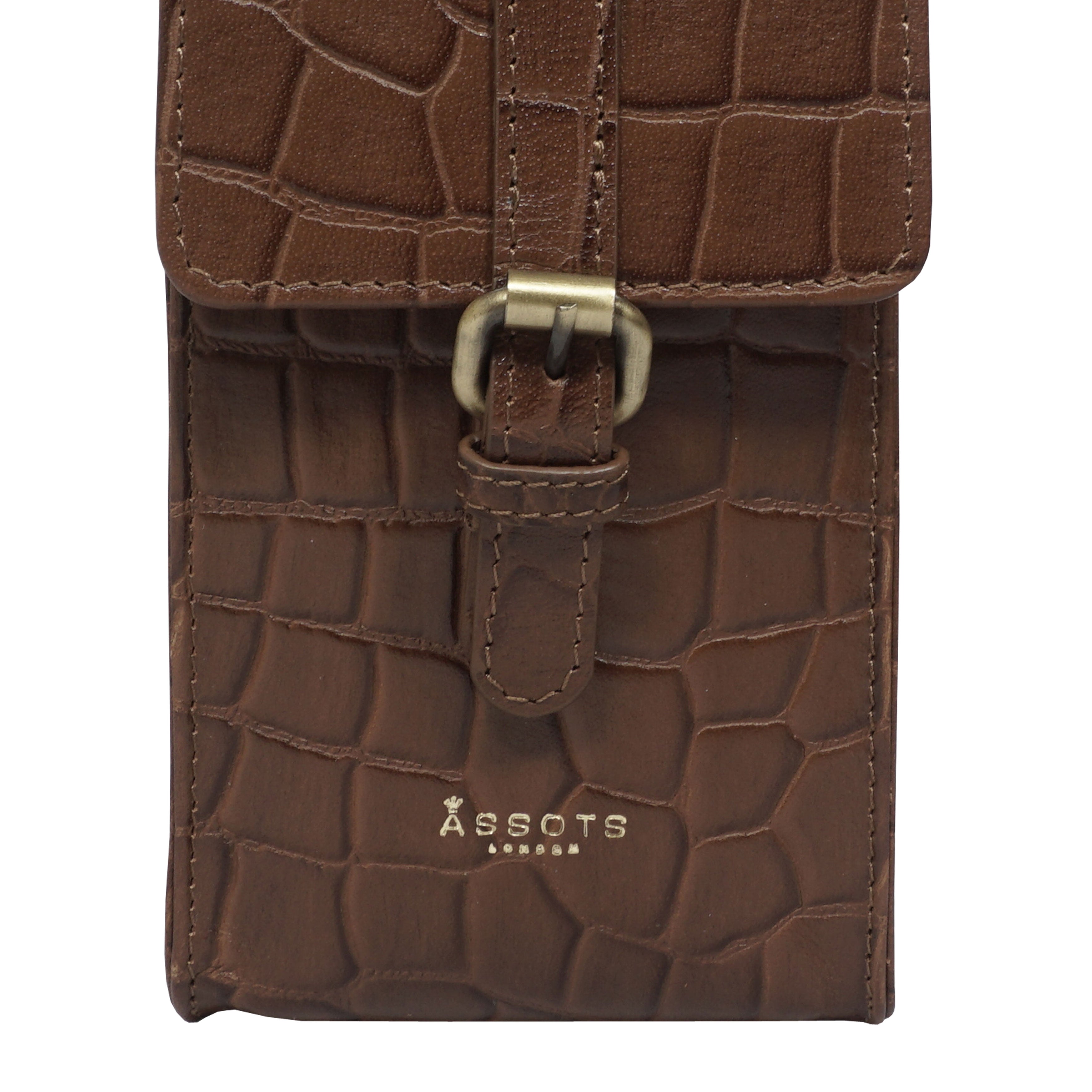 'PETRA' Tan Croc Real Leather Mobile Phone Crossbody Bag