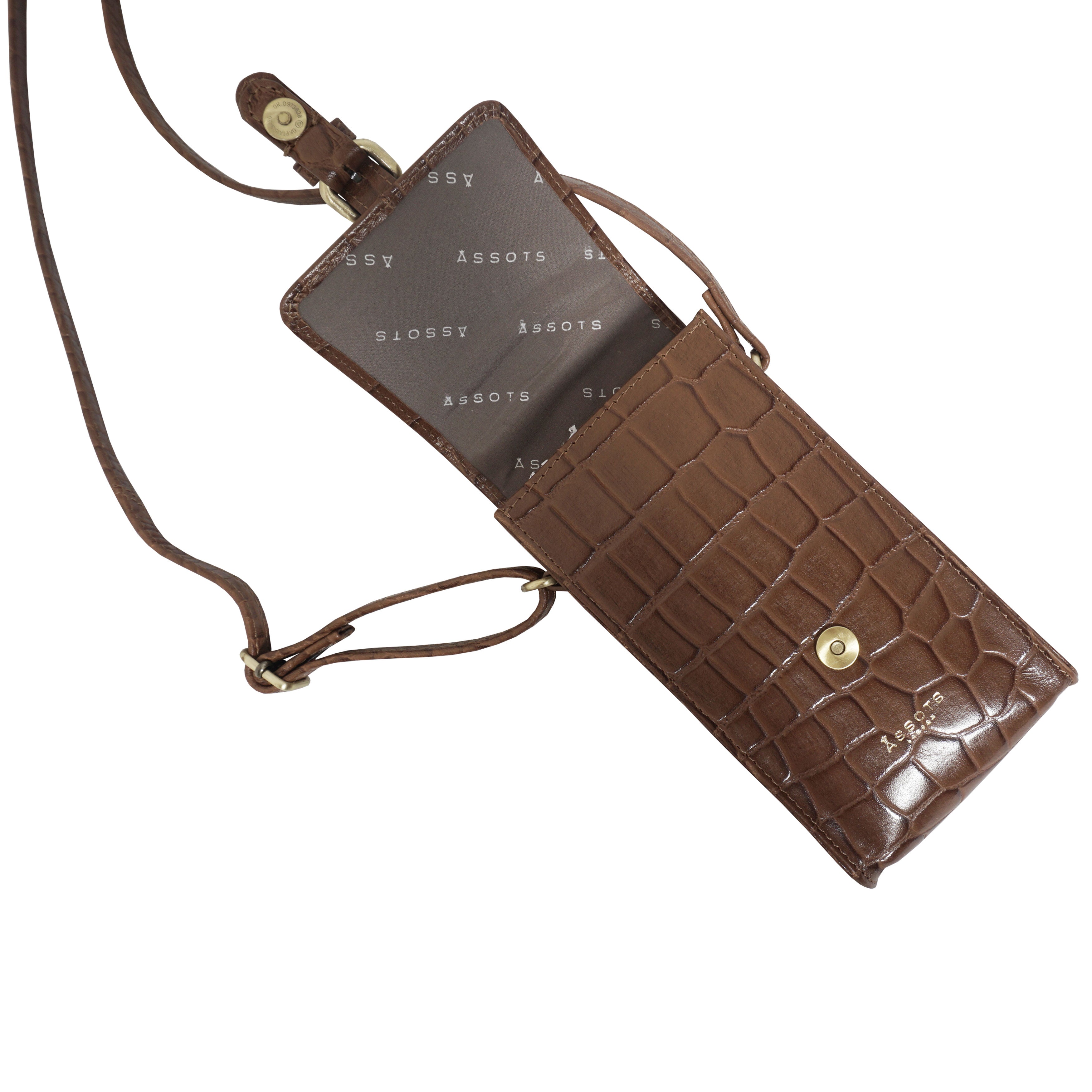 'PETRA' Tan Croc Real Leather Mobile Phone Crossbody Bag