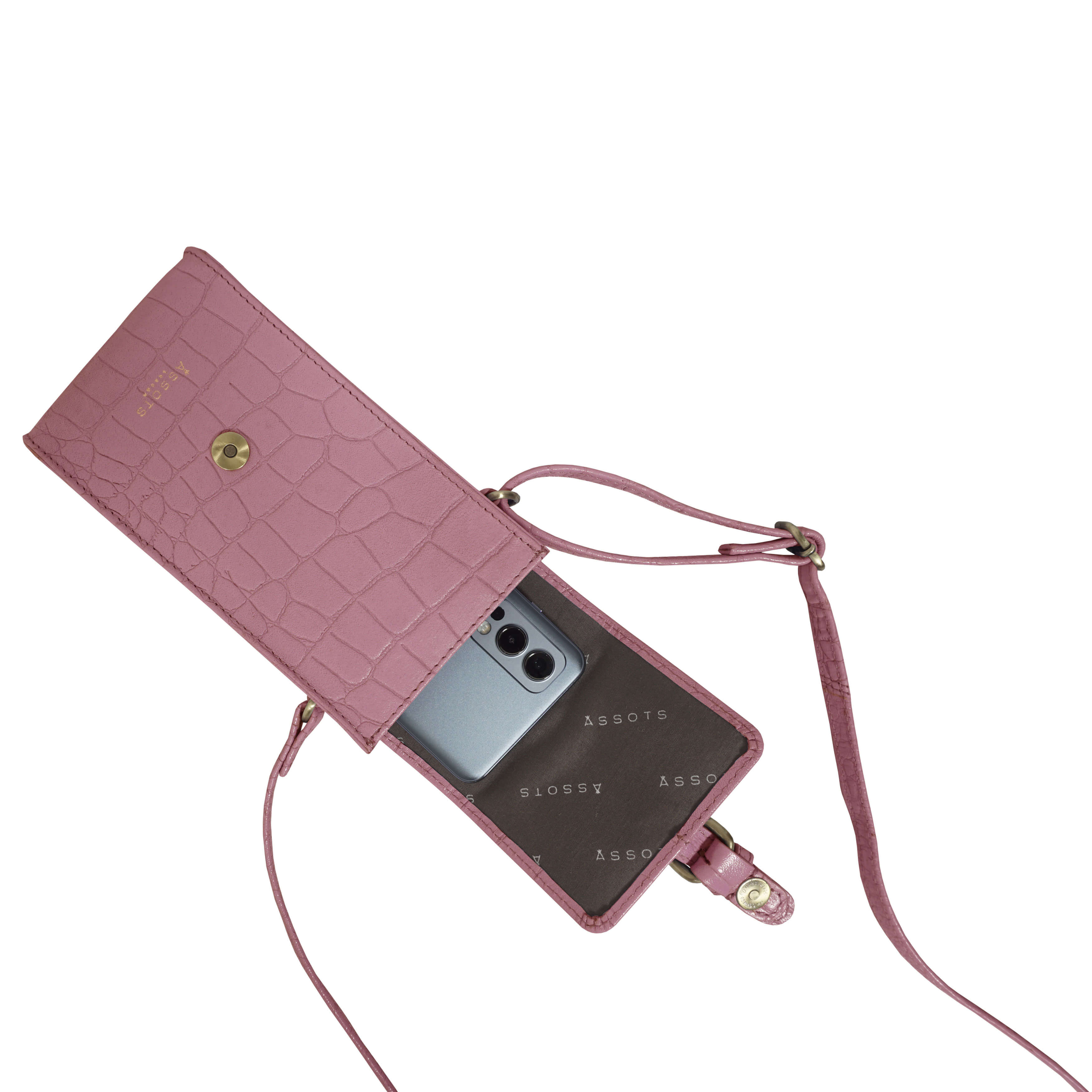 'PETRA' Pink Croc Real Leather Mobile Phone Crossbody Bag