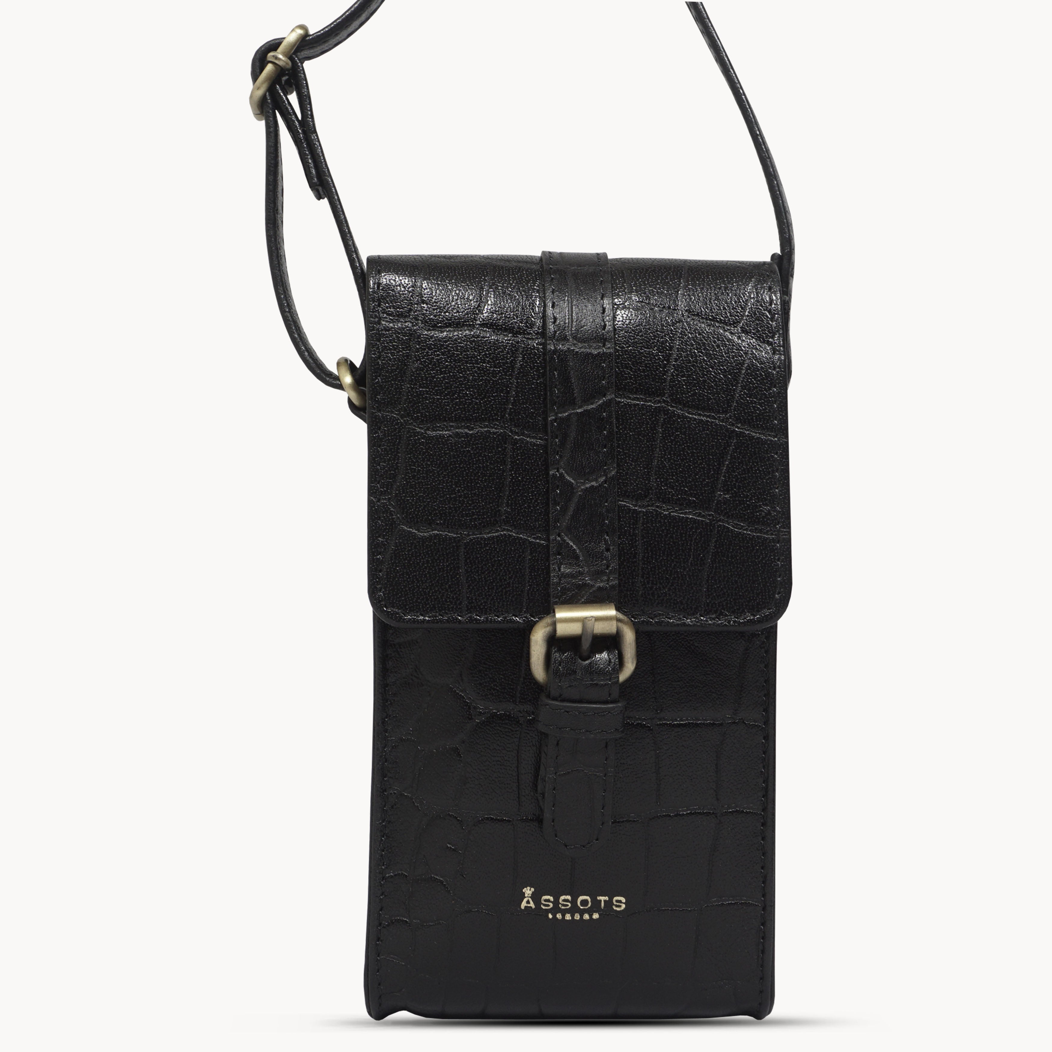 'PETRA' Black Croc Real Leather Mobile Phone Crossbody Bag