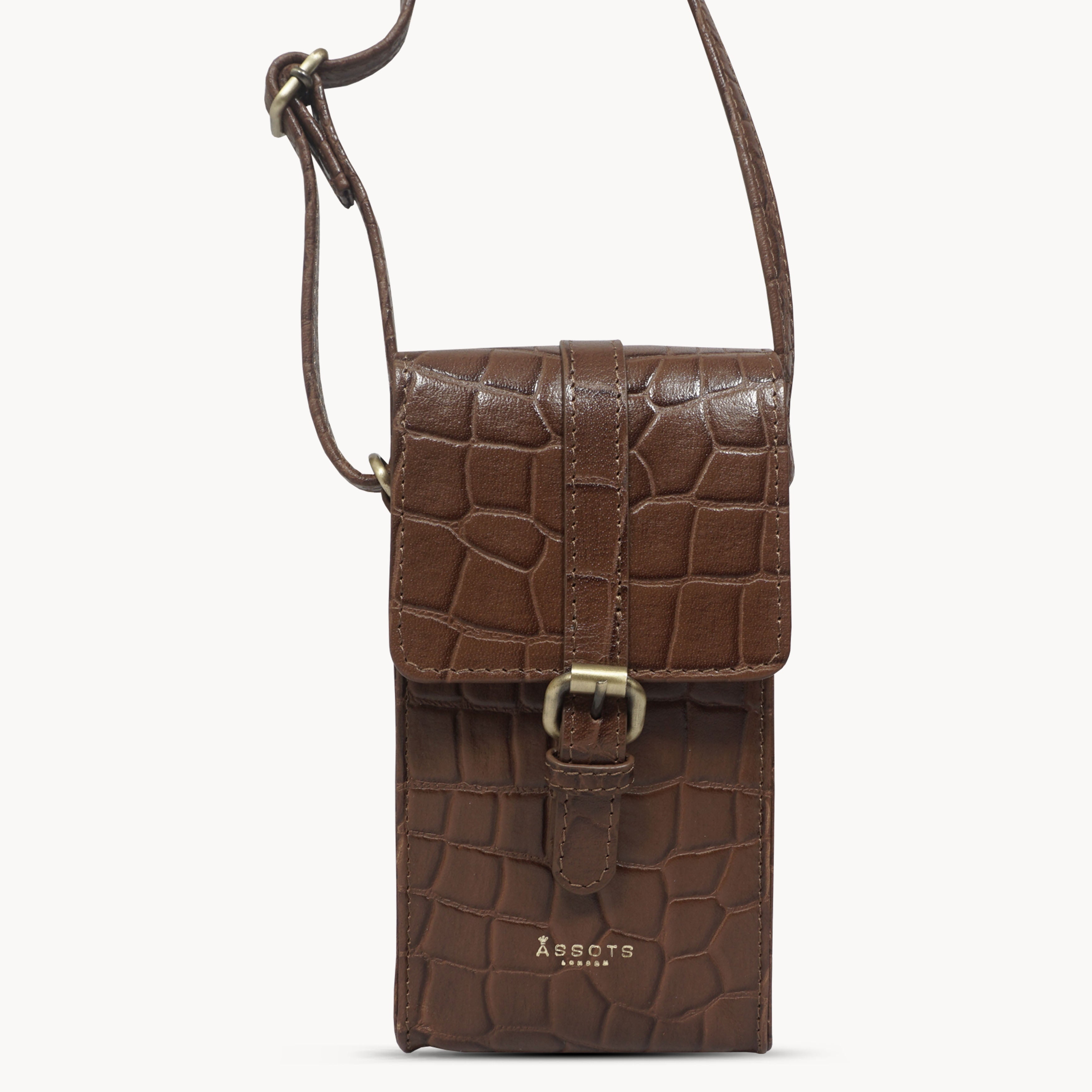 'PETRA' Tan Croc Real Leather Mobile Phone Crossbody Bag