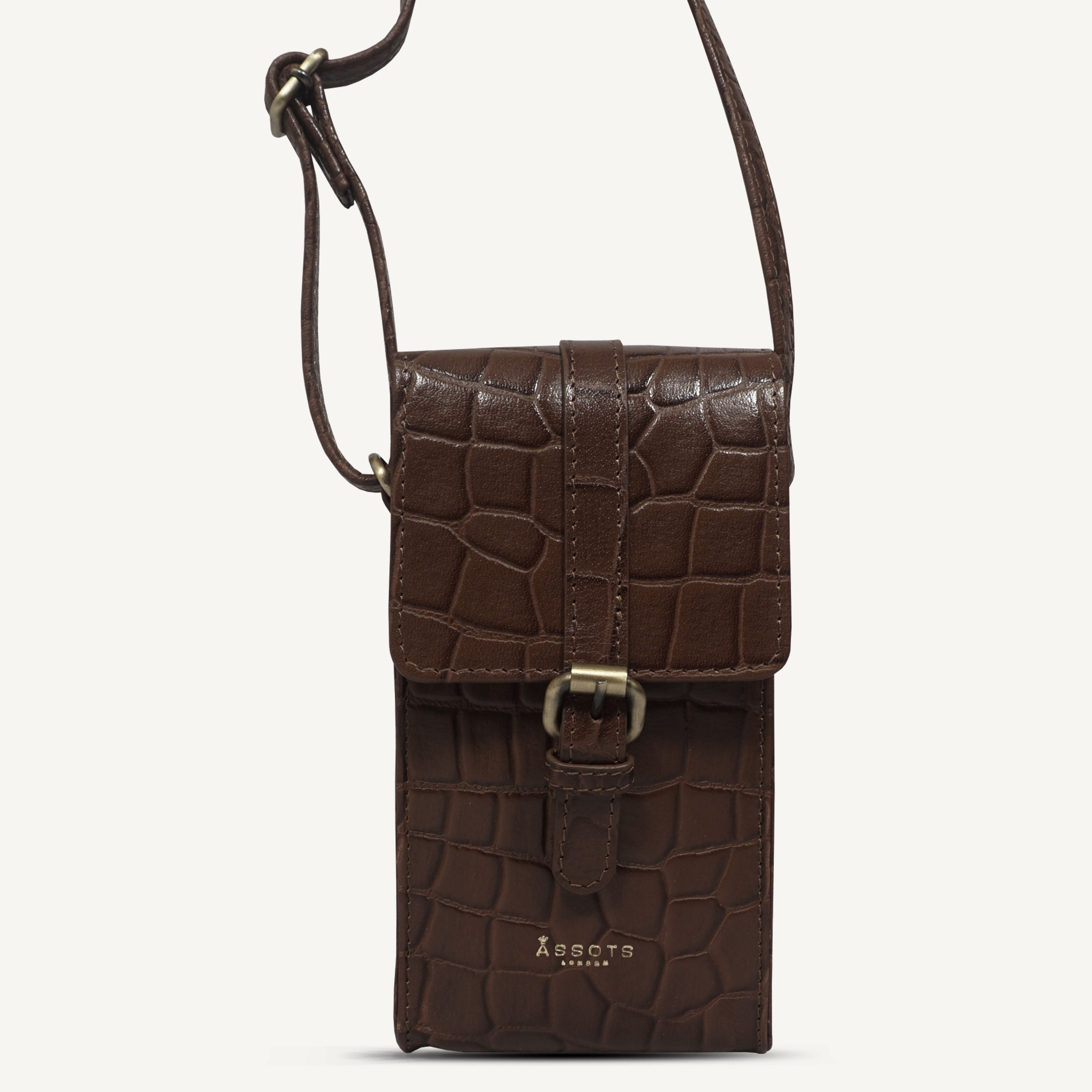 'PETRA' Brown Croc Real Leather Mobile Phone Crossbody Bag