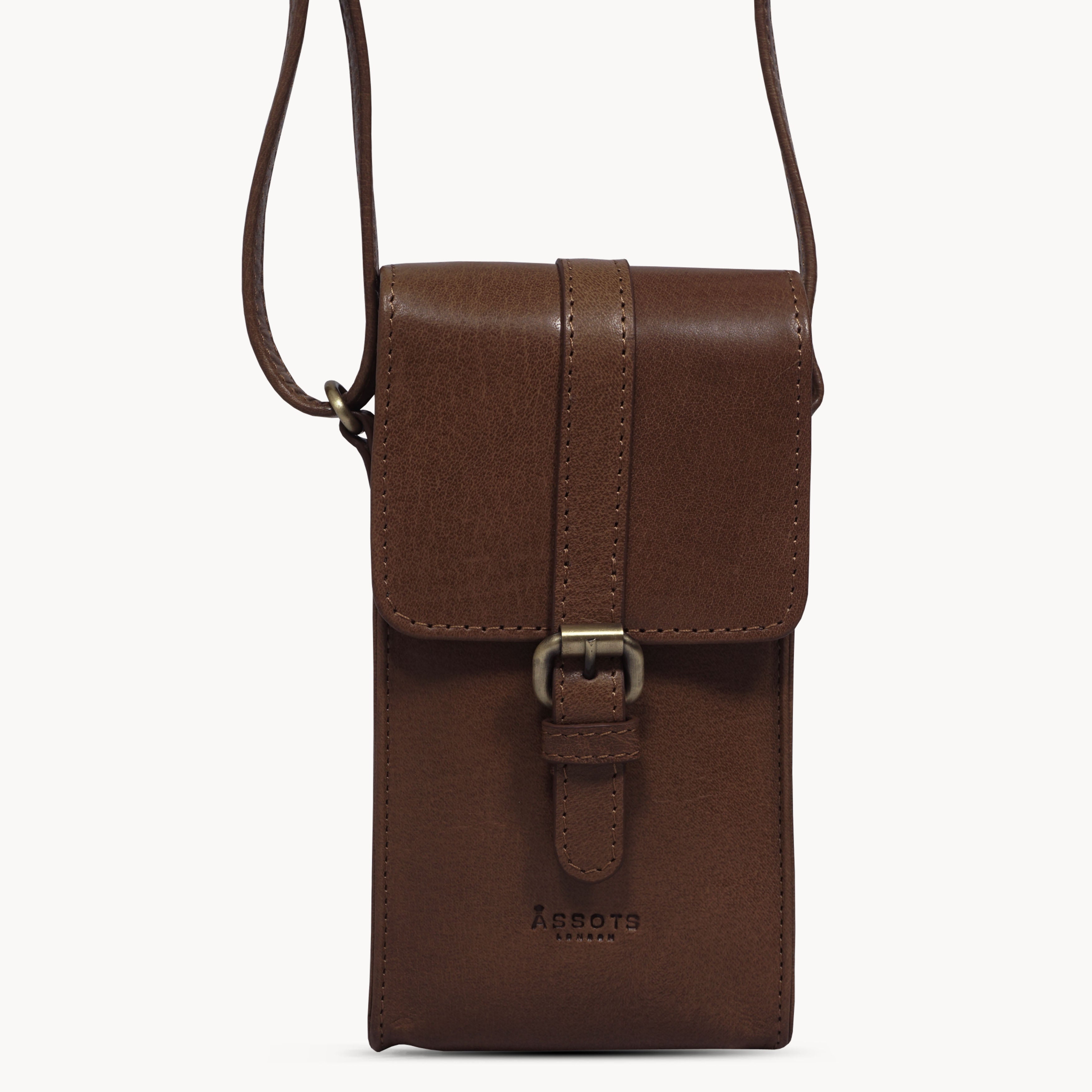 'PETRA' Brown Polished VT Real Leather Mobile Phone Crossbody Bag