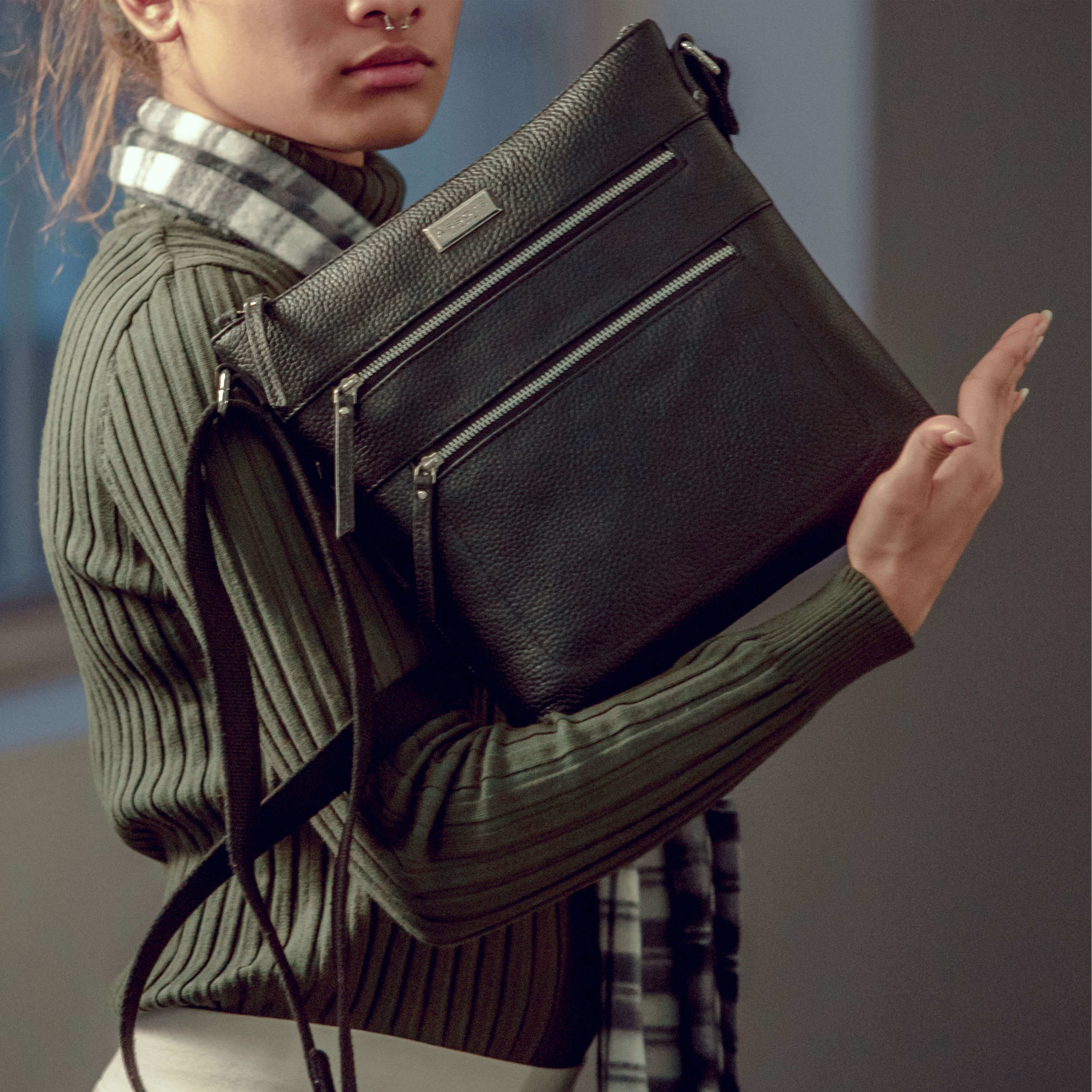 'CORI' Black Pebble Grain Real Leather Crossbody Bag