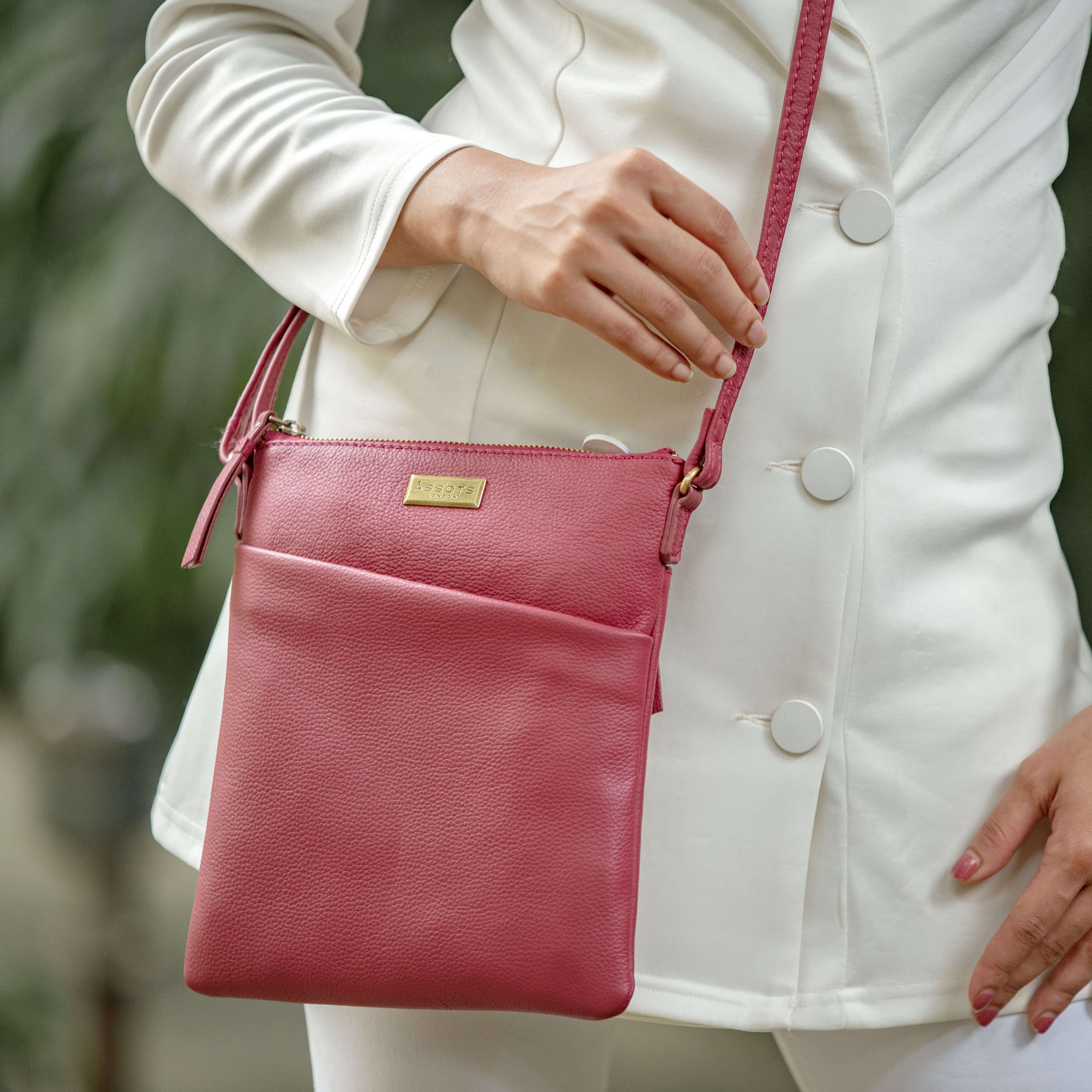 'LINBY' Carmine Pink Pebble Grain Leather Crossbody Sling Bag