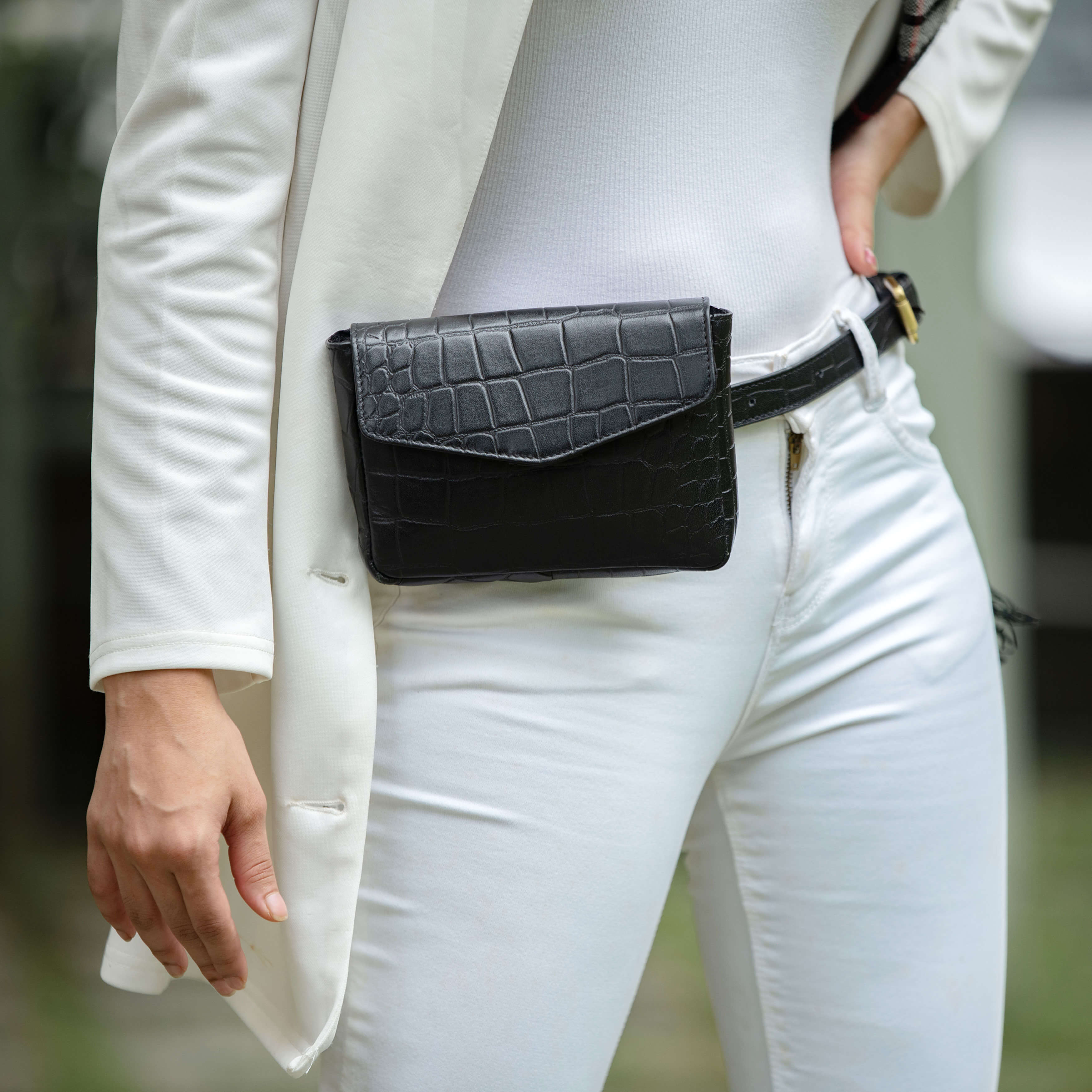'CAMELLA' Black Croc Leather Bum Belt Waist Festival Bag