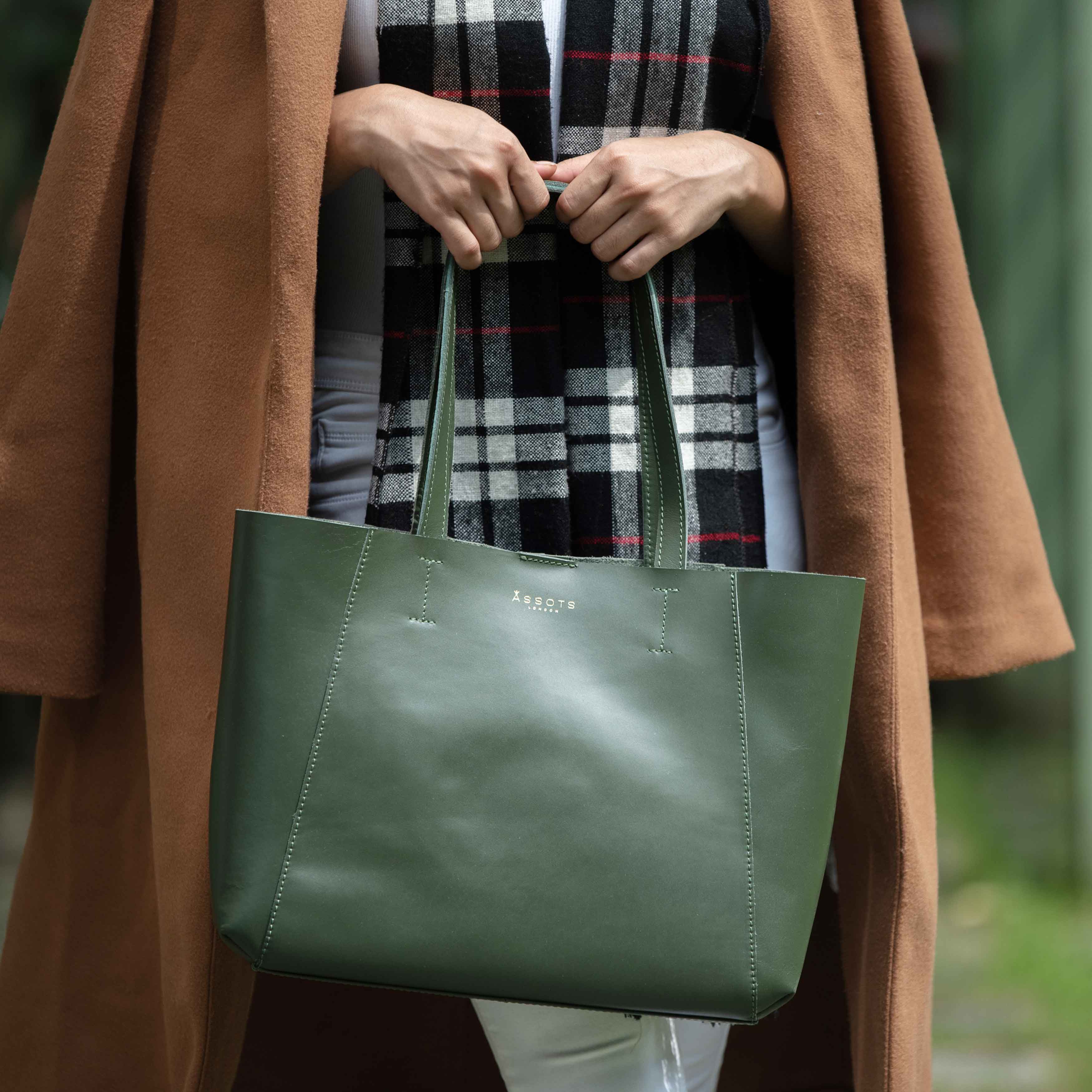 'ADELA' Khaki Smooth Real Leather Unlined Designer Tote Bag