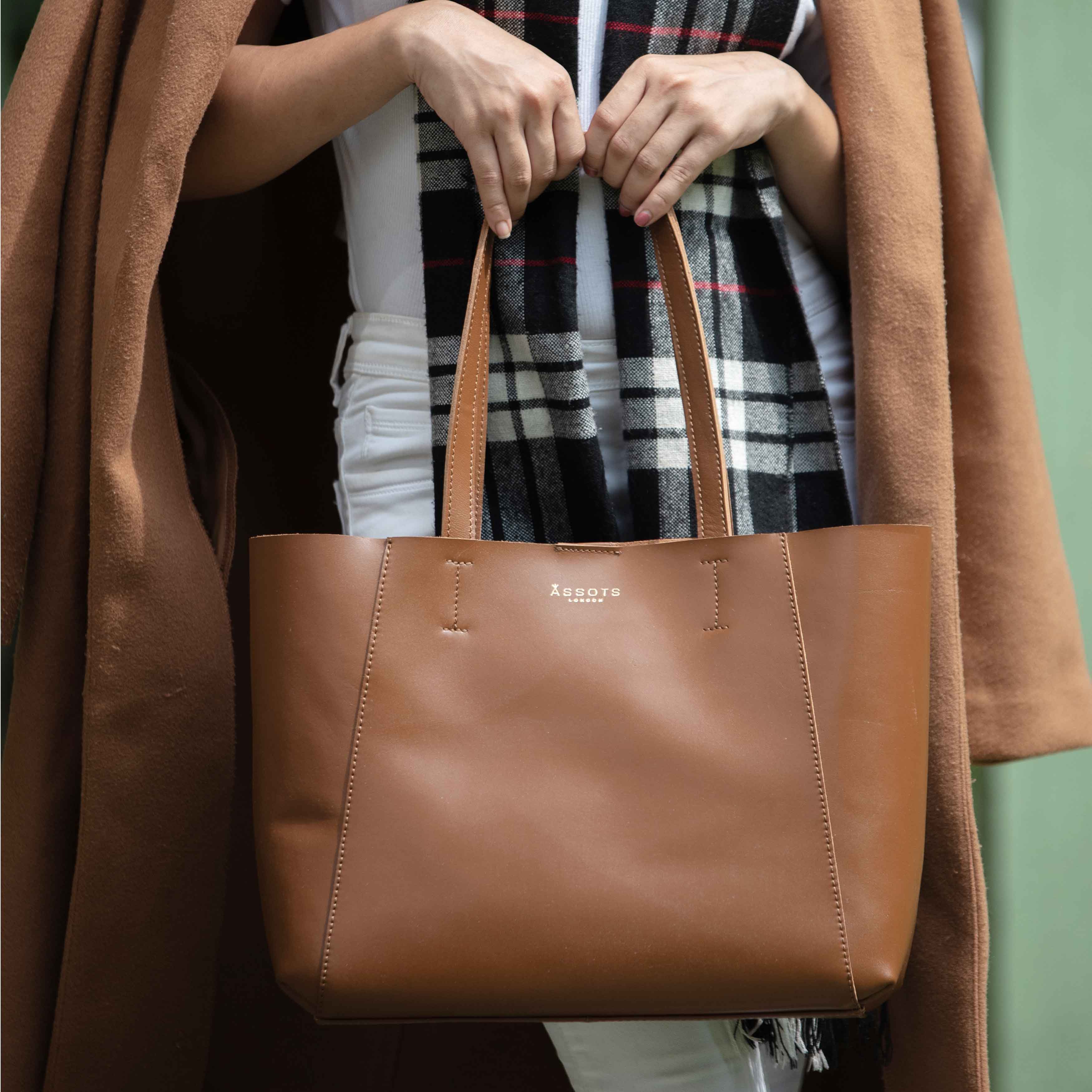 'ADELA' Tan Smooth Real Leather Unlined Designer Tote Bag