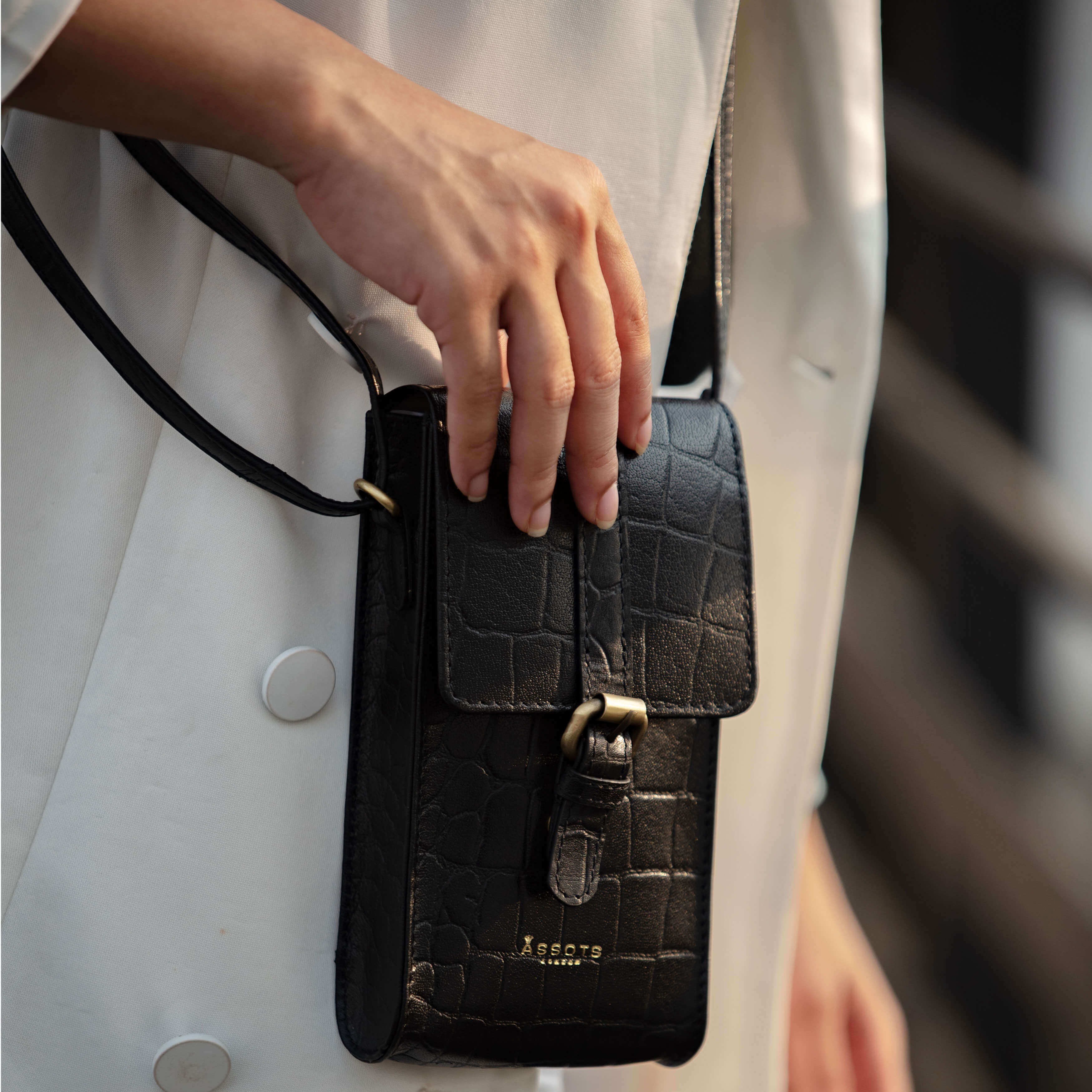 'PETRA' Black Croc Real Leather Mobile Phone Crossbody Bag