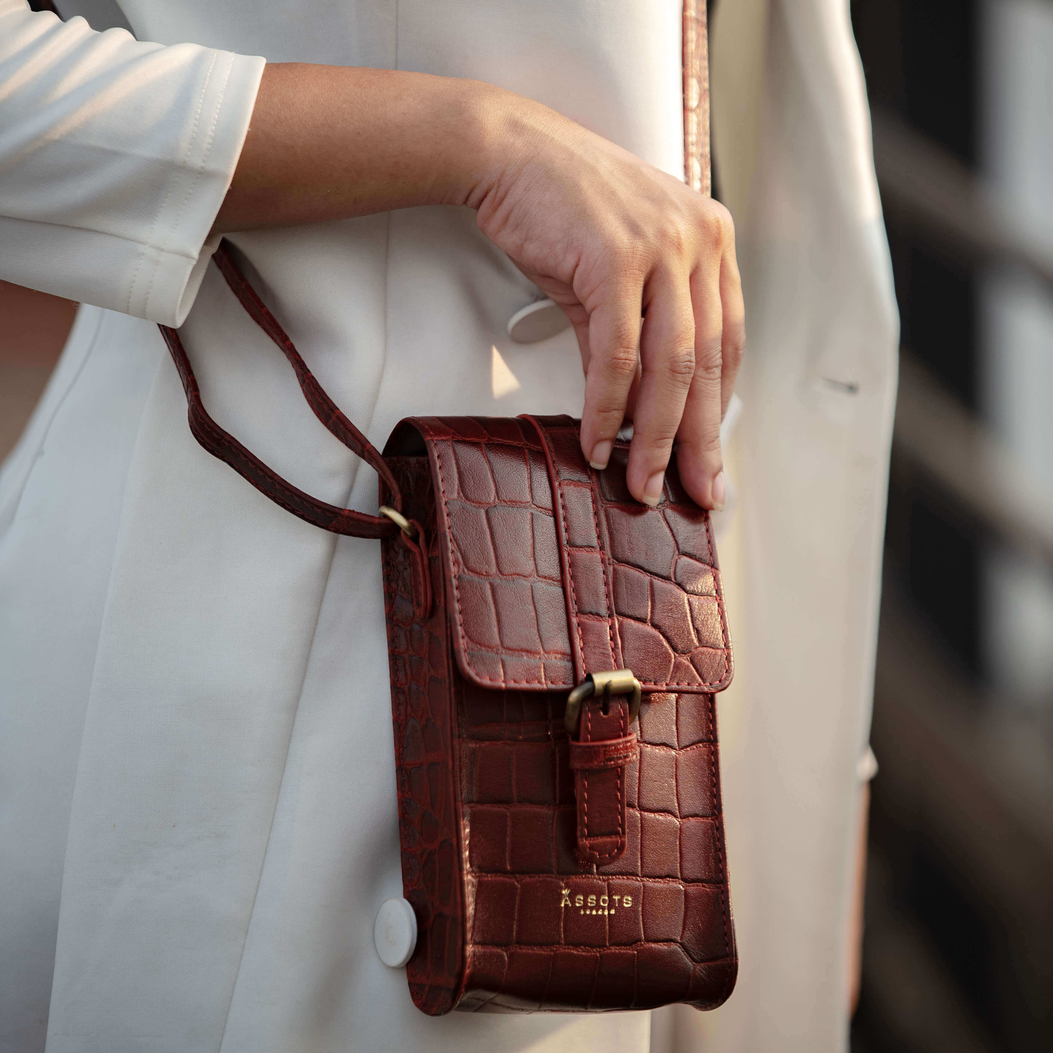 'PETRA' Red Croc Real Leather Mobile Phone Crossbody Bag