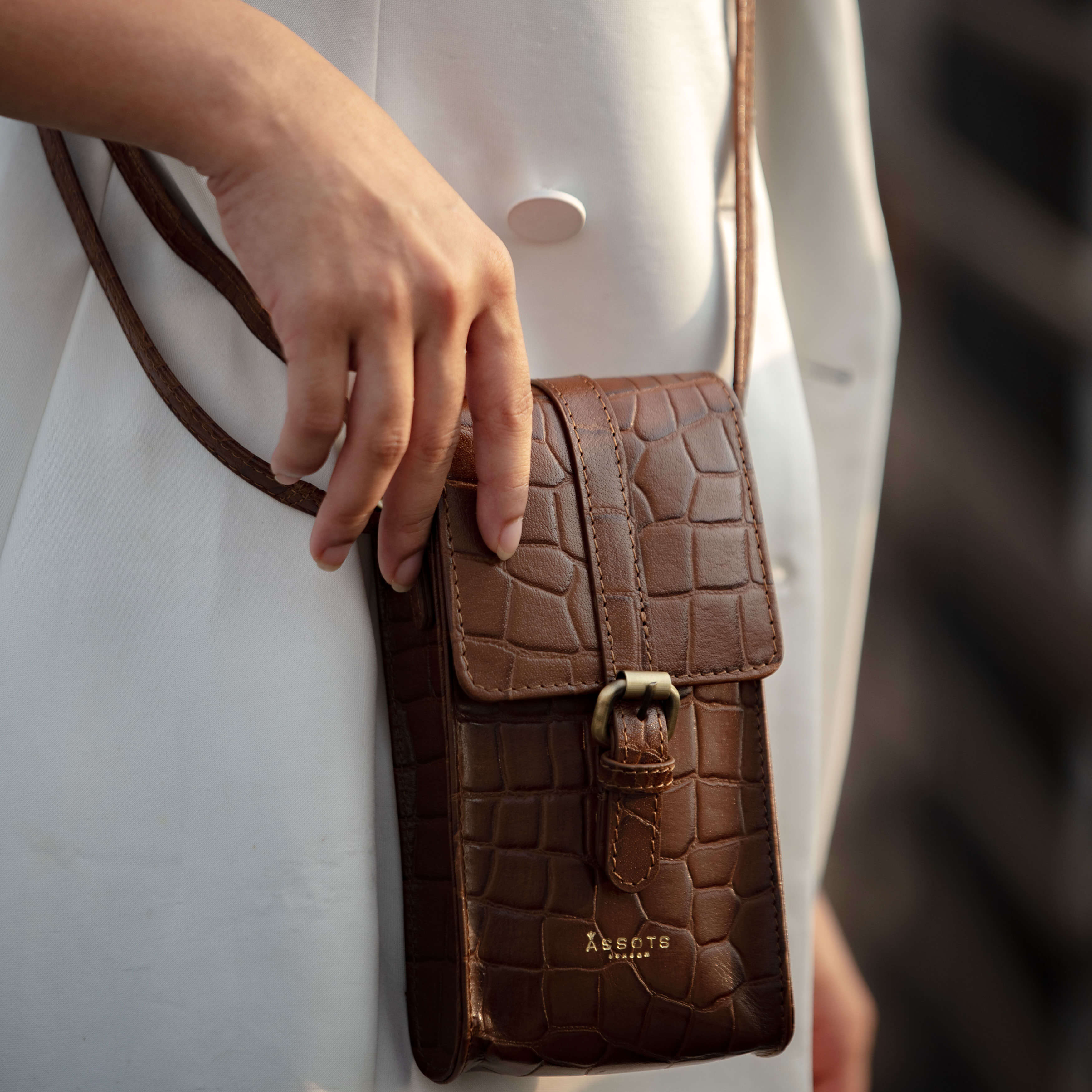 'PETRA' Tan Croc Real Leather Mobile Phone Crossbody Bag