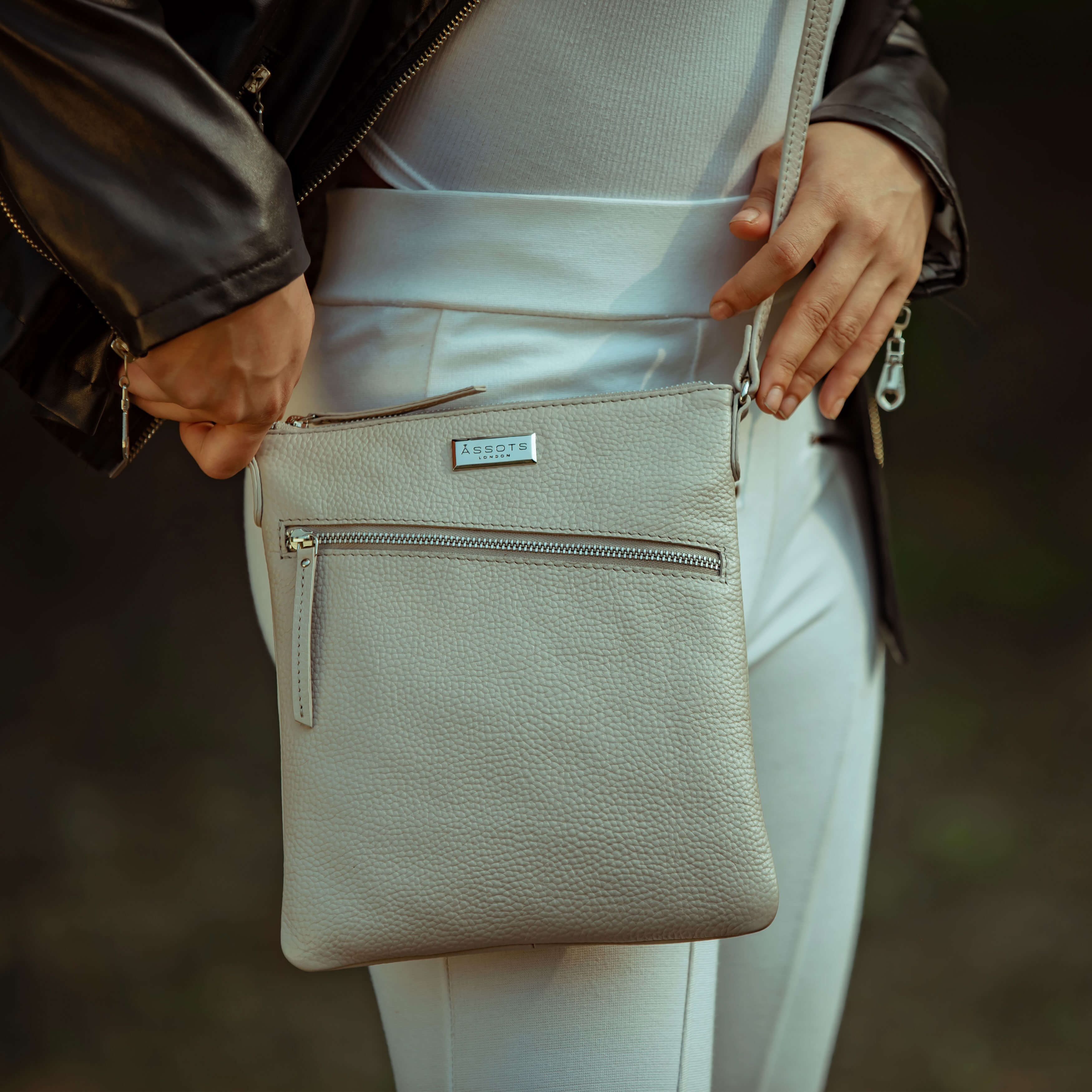 'ROSY' Light Ice Grey Pebble Grain Soft Real Leather Crossbody Bag