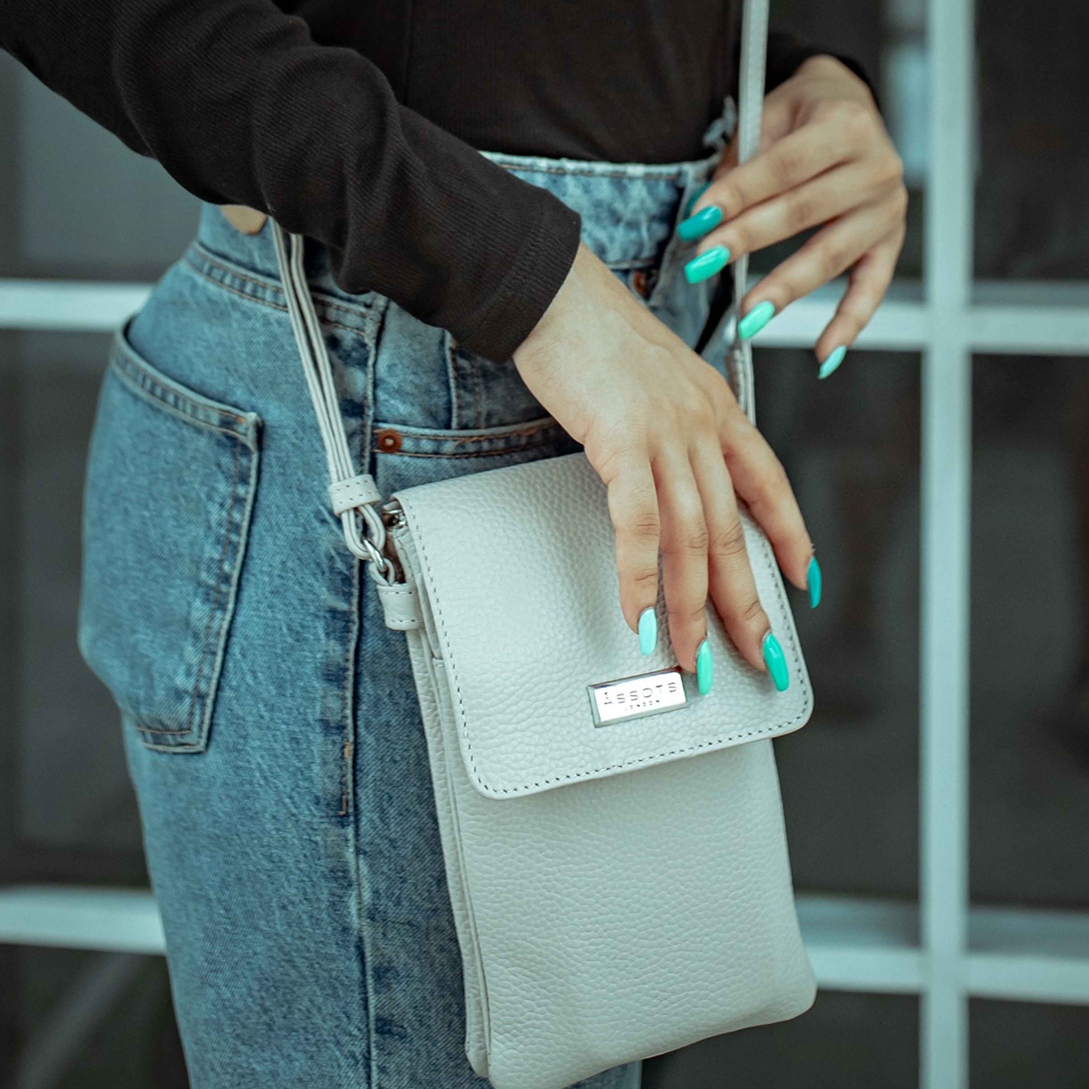 'MARIA' Nudish Ice Grey Pebble Grain Real Leather Crossbody Phone Bag
