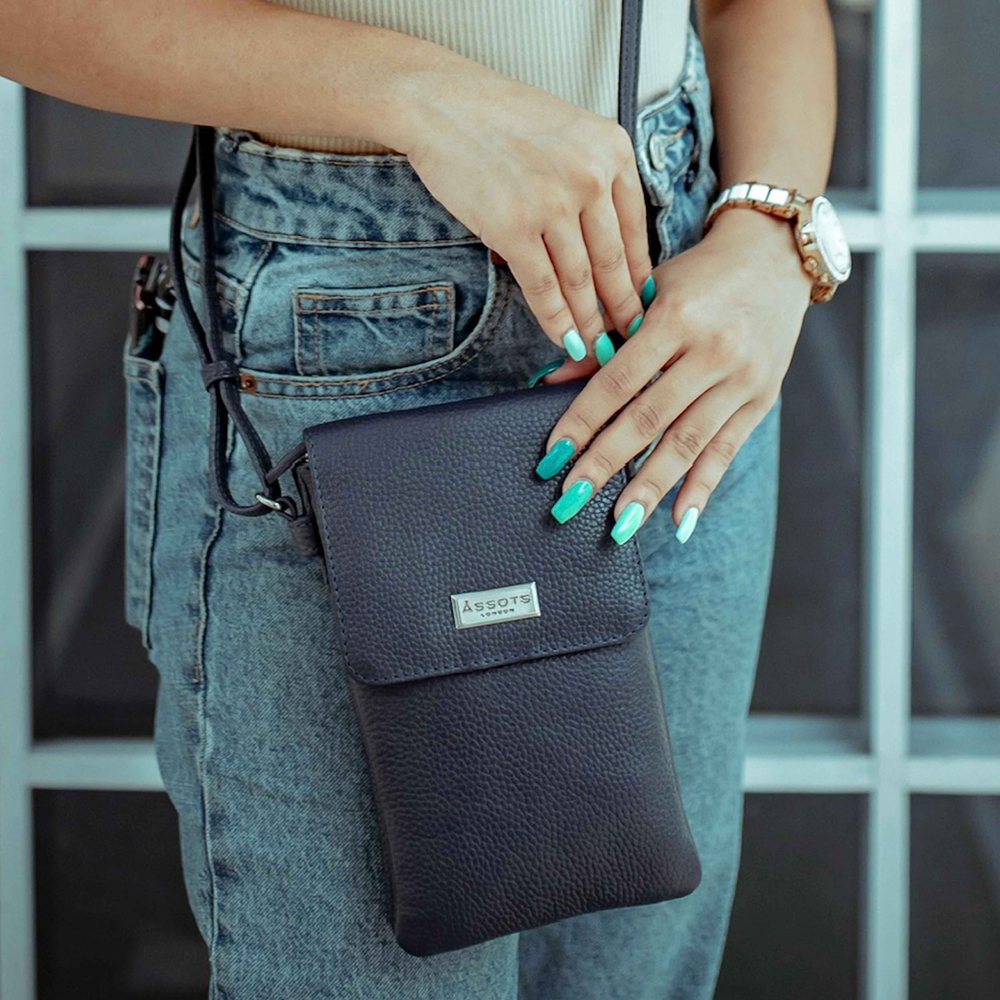 'MARIA' Navy Pebble Grain Real Leather Crossbody Phone Bag