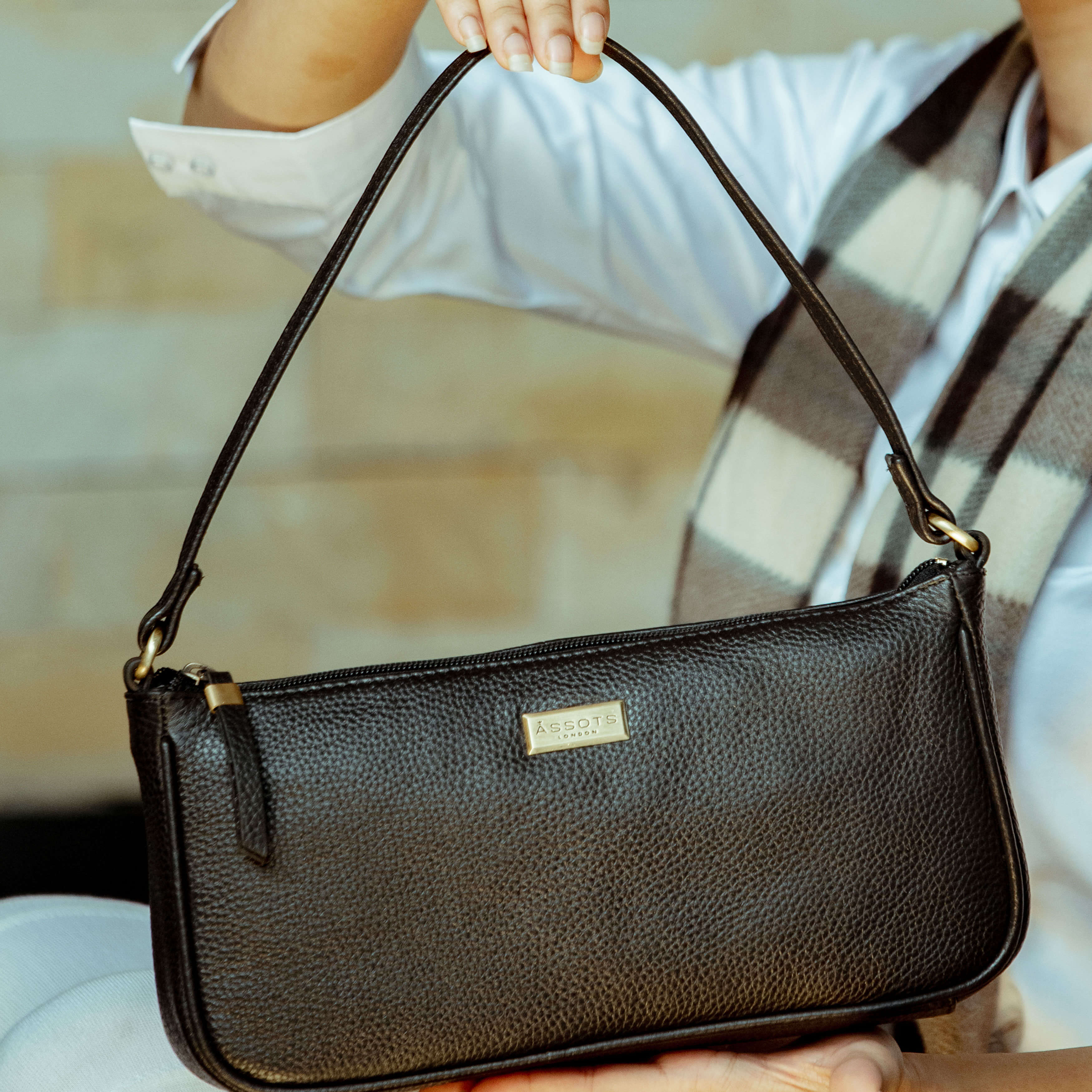 'ZARA' Black Soft Pebble Grain Real Leather Baguette Shoulder Bag