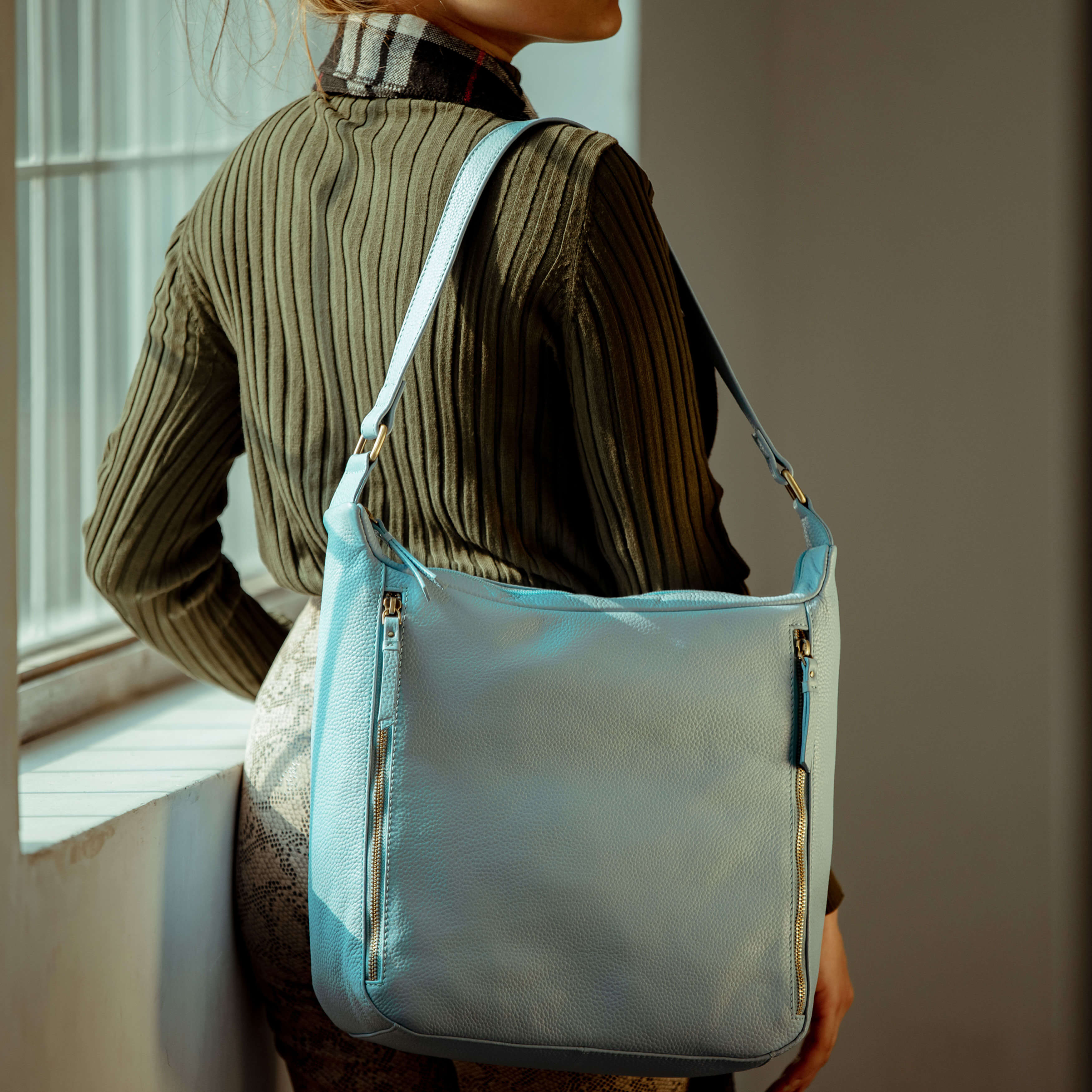 'PAMELA' Pastel Blue Pebble Grain Real Leather Designer Shoulder Hobo Bag