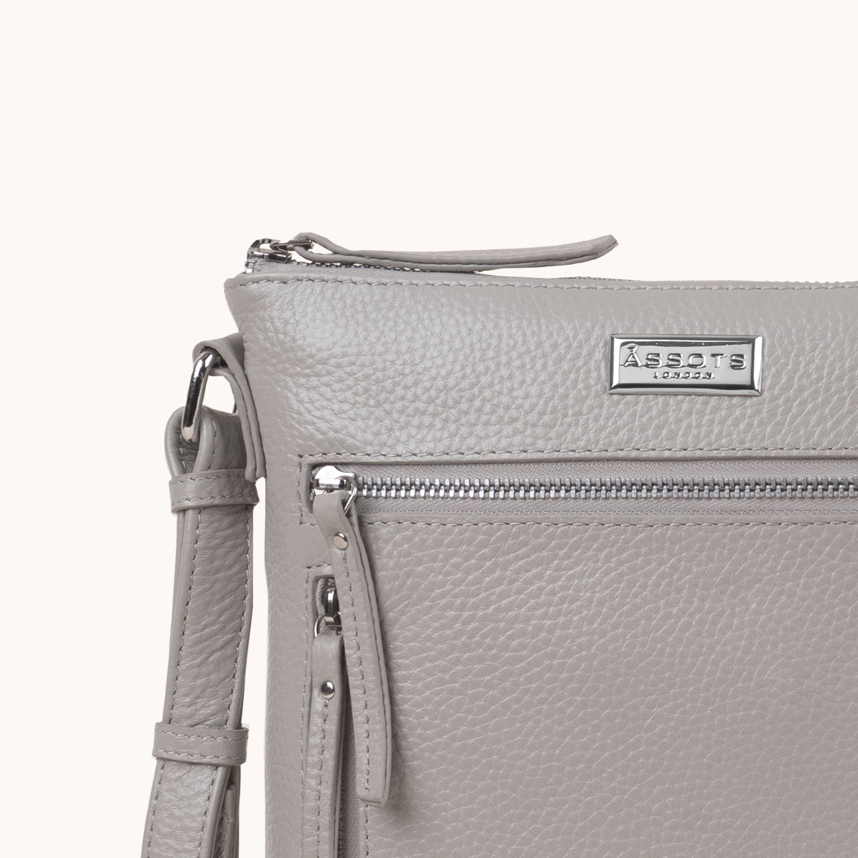 'RUE' Fog Grey Pebble Grain Real Leather Crossbody Bag