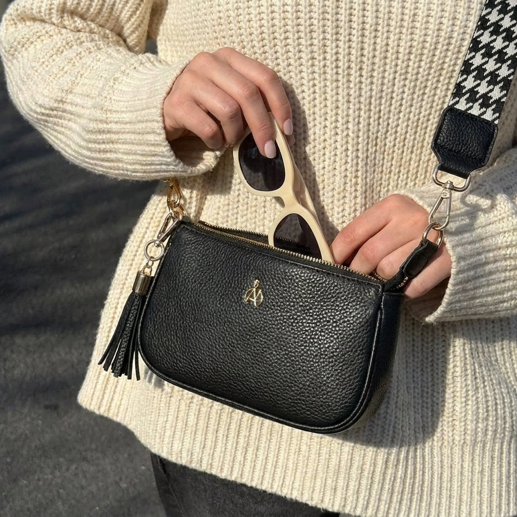 'ROSE' Black Pebble Grain Real Leather Shoulder Bag