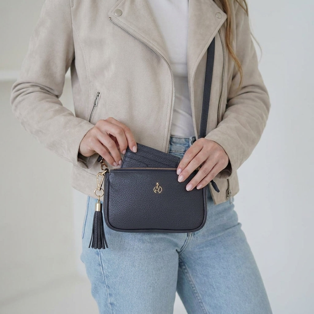 'ROSE' Navy Pebble Grain Real Leather Shoulder Bag